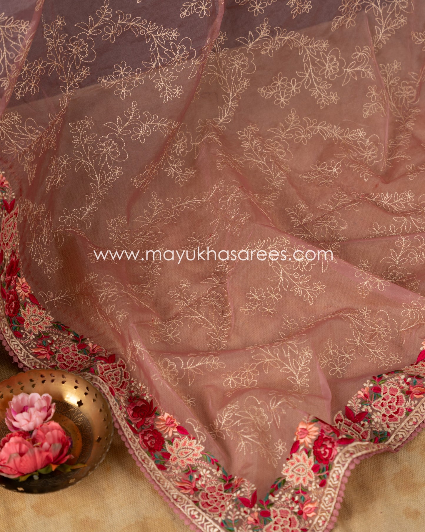 Peach Pure Organza with Machine Parsi Ghara Borders, Chikankari work on Body and Stitched Blouse in Size 38 44