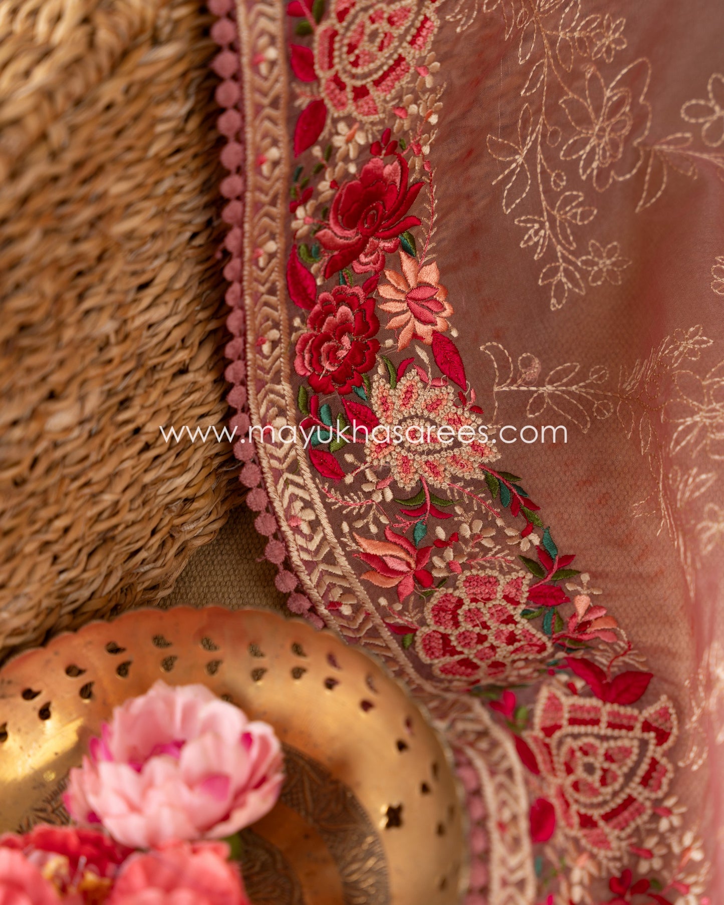 Peach Pure Organza with Machine Parsi Ghara Borders, Chikankari work on Body and Stitched Blouse in Size 38 44