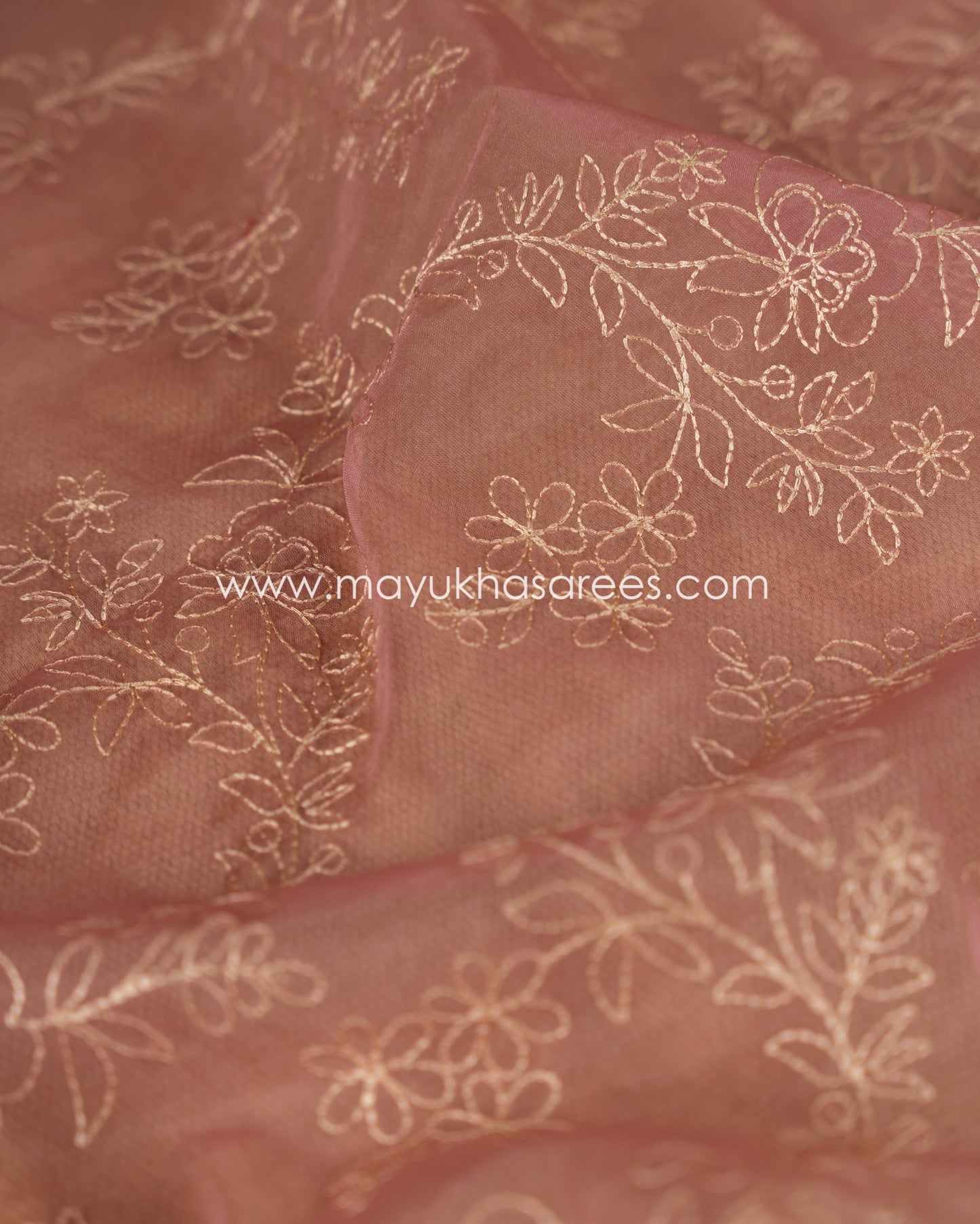 Peach Pure Organza with Machine Parsi Ghara Borders, Chikankari work on Body and Stitched Blouse in Size 38 44