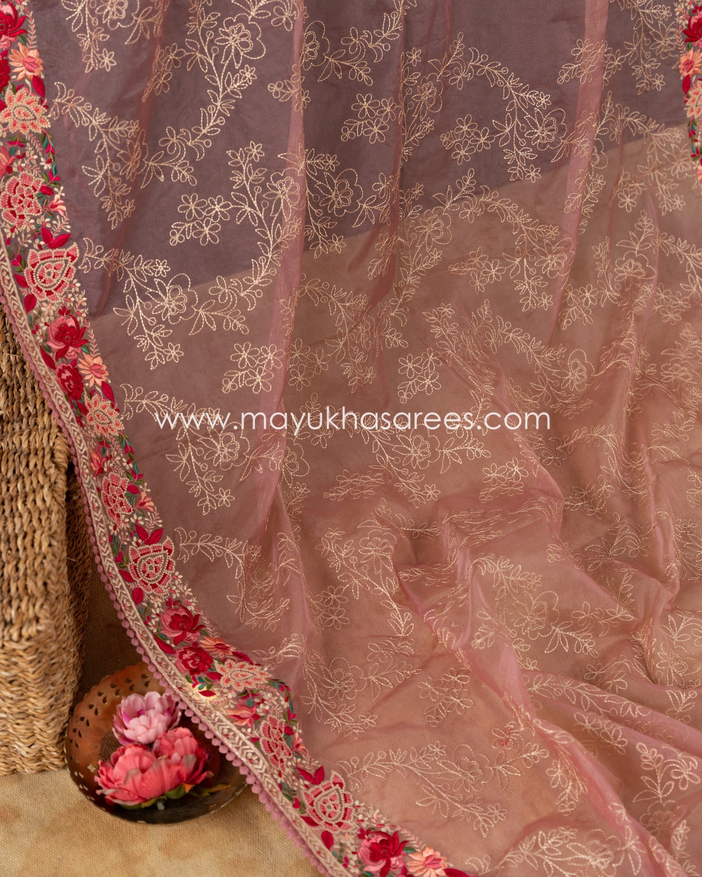 Peach Pure Organza with Machine Parsi Ghara Borders, Chikankari work on Body and Stitched Blouse in Size 38 44