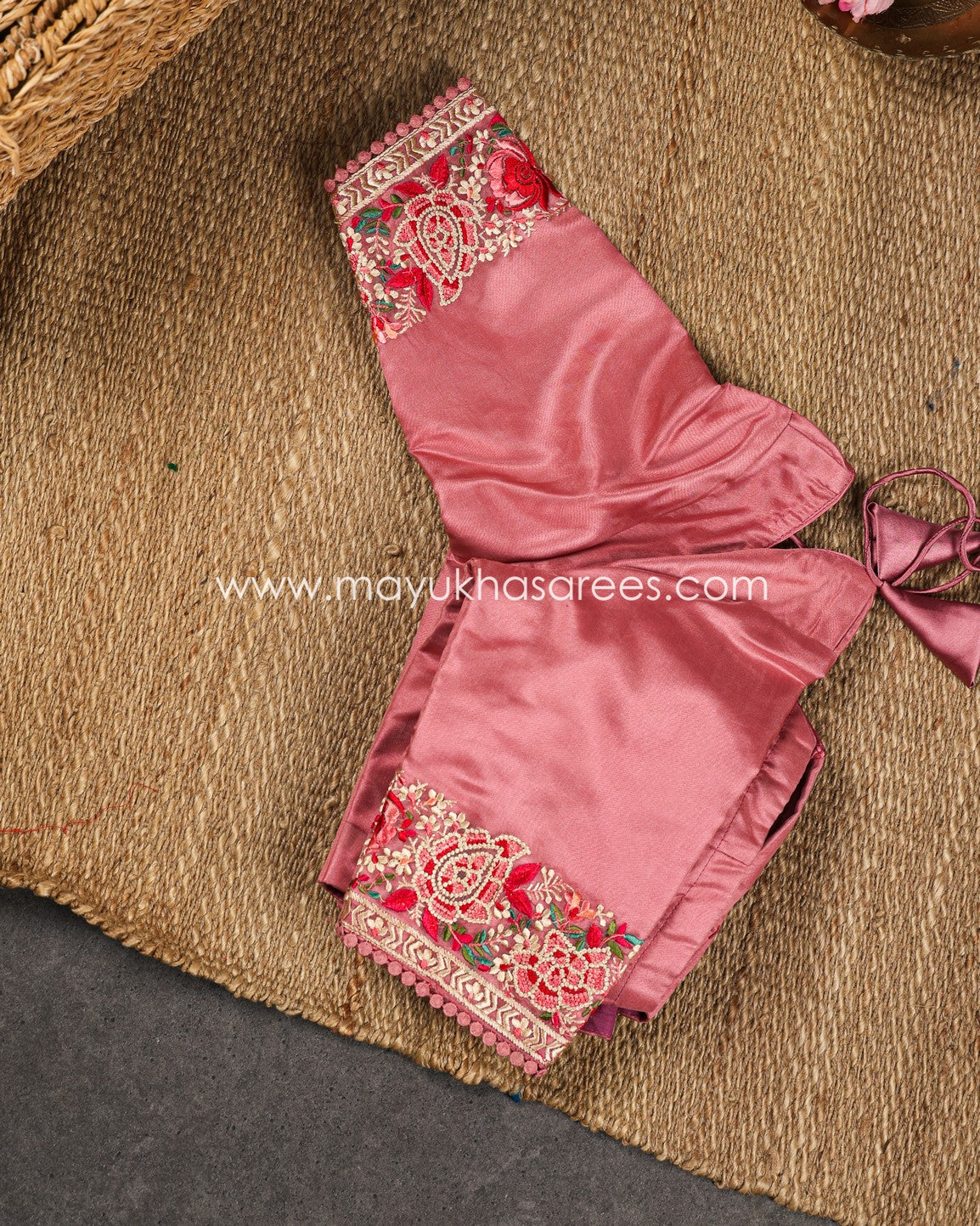 Peach Pure Organza with Machine Parsi Ghara Borders, Chikankari work on Body and Stitched Blouse in Size 38 44