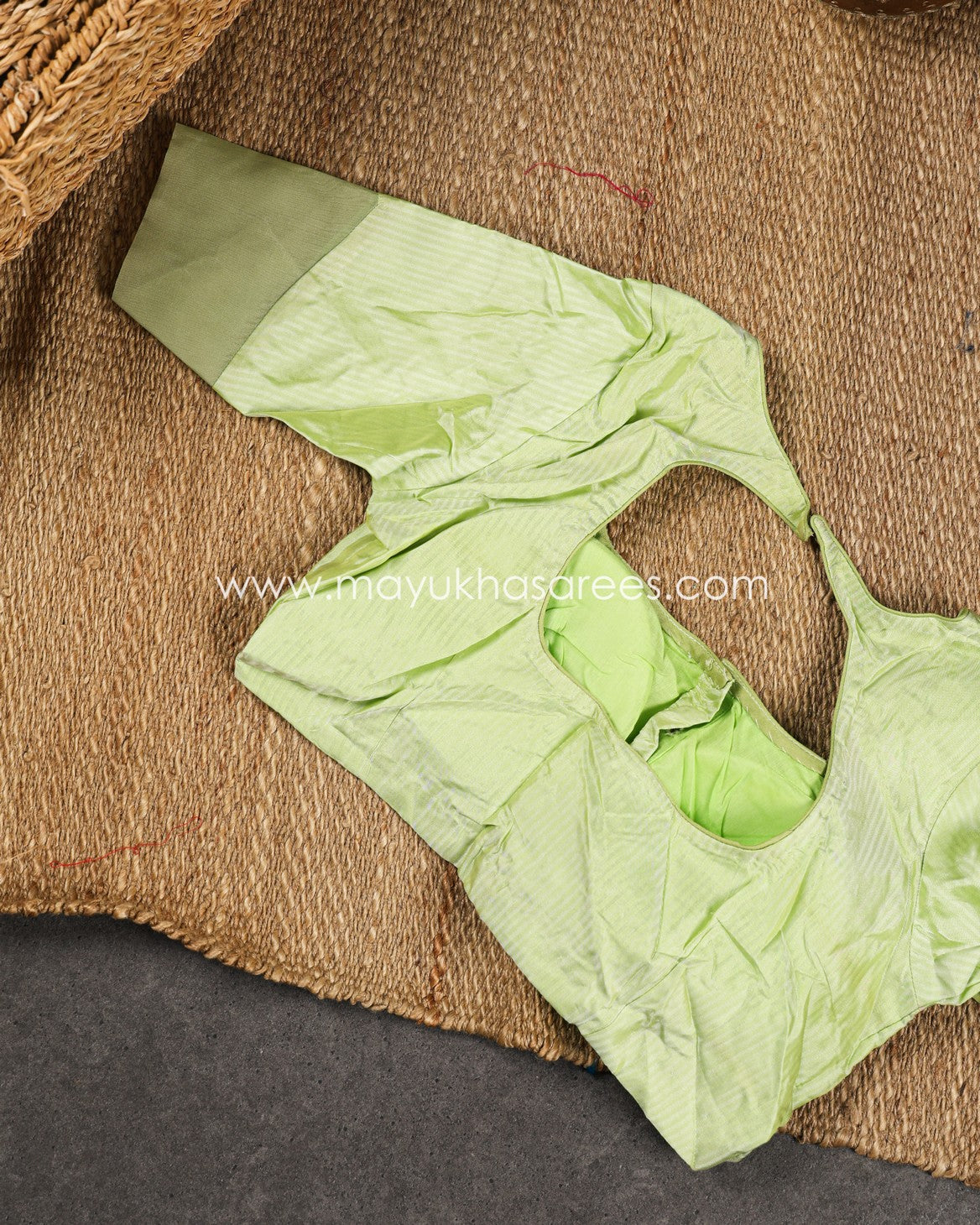 Pastel Green & White Kanchipuram Silk Saree with Handblock Prints and Stitched Blouse in Size 38 44