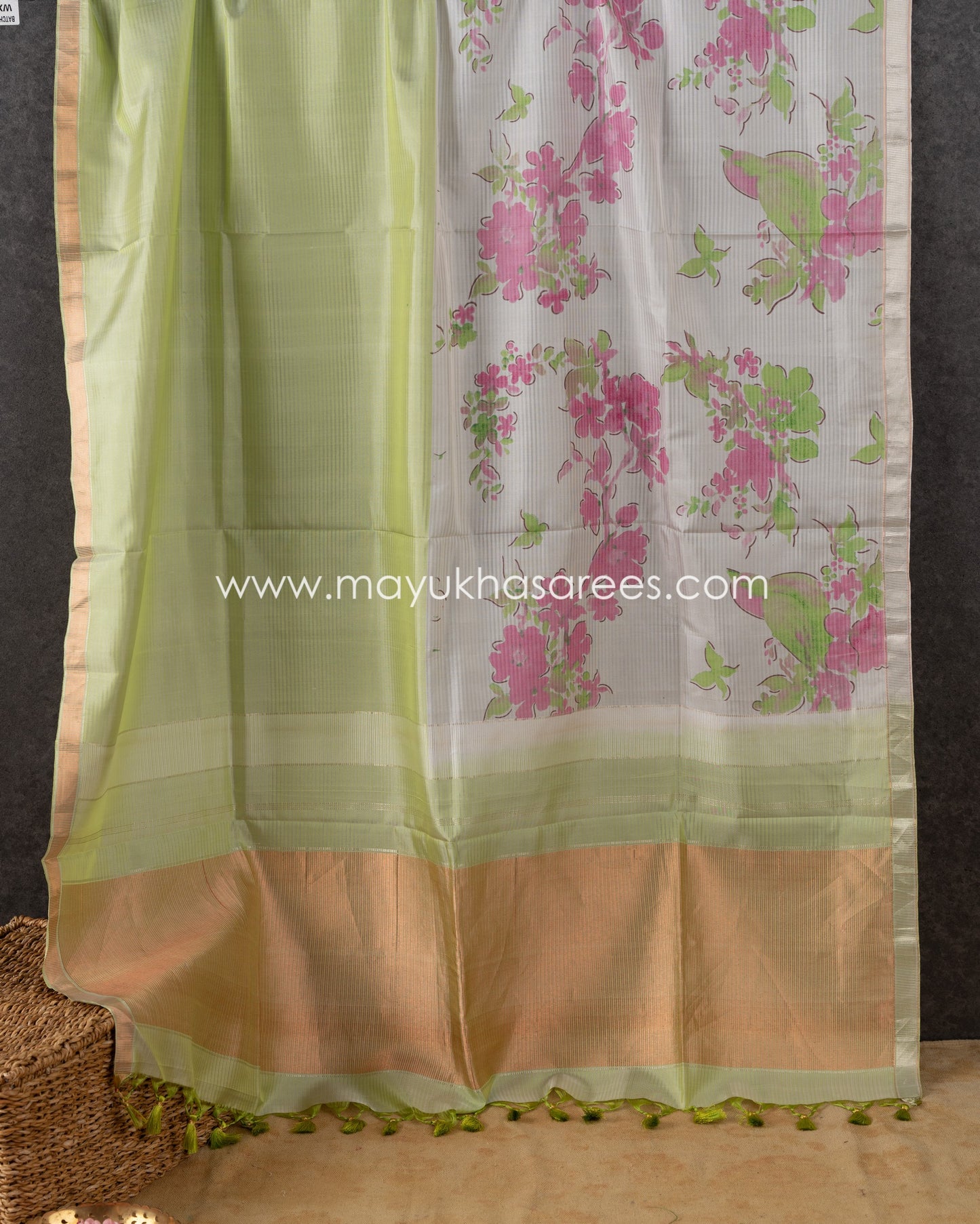 Pastel Green & White Kanchipuram Silk Saree with Handblock Prints and Stitched Blouse in Size 38 44