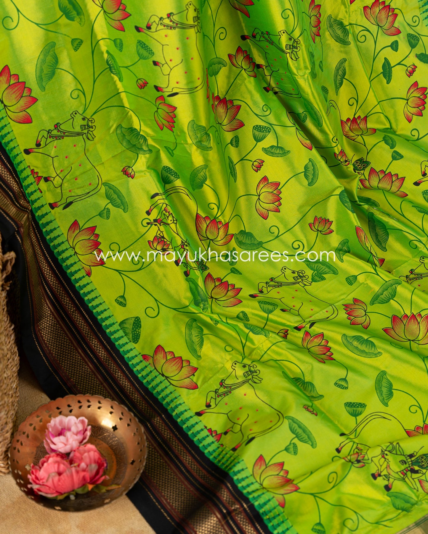 Lime Green & Black Irkal Pure Silk Saree with Pichwai Prints & Stitched Blouse in Size 38 44