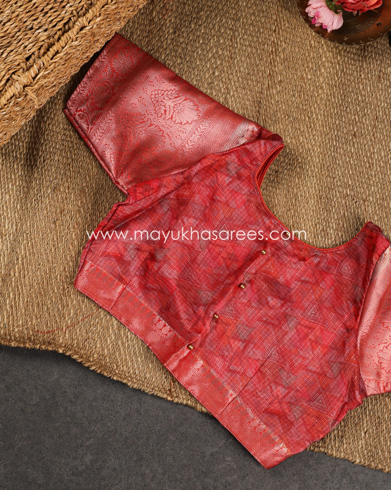 Teal and Red Light weight Lotus Printed Kota silk sarees with Banarasi Borders and Floral Printed Blouse in Size 38 44