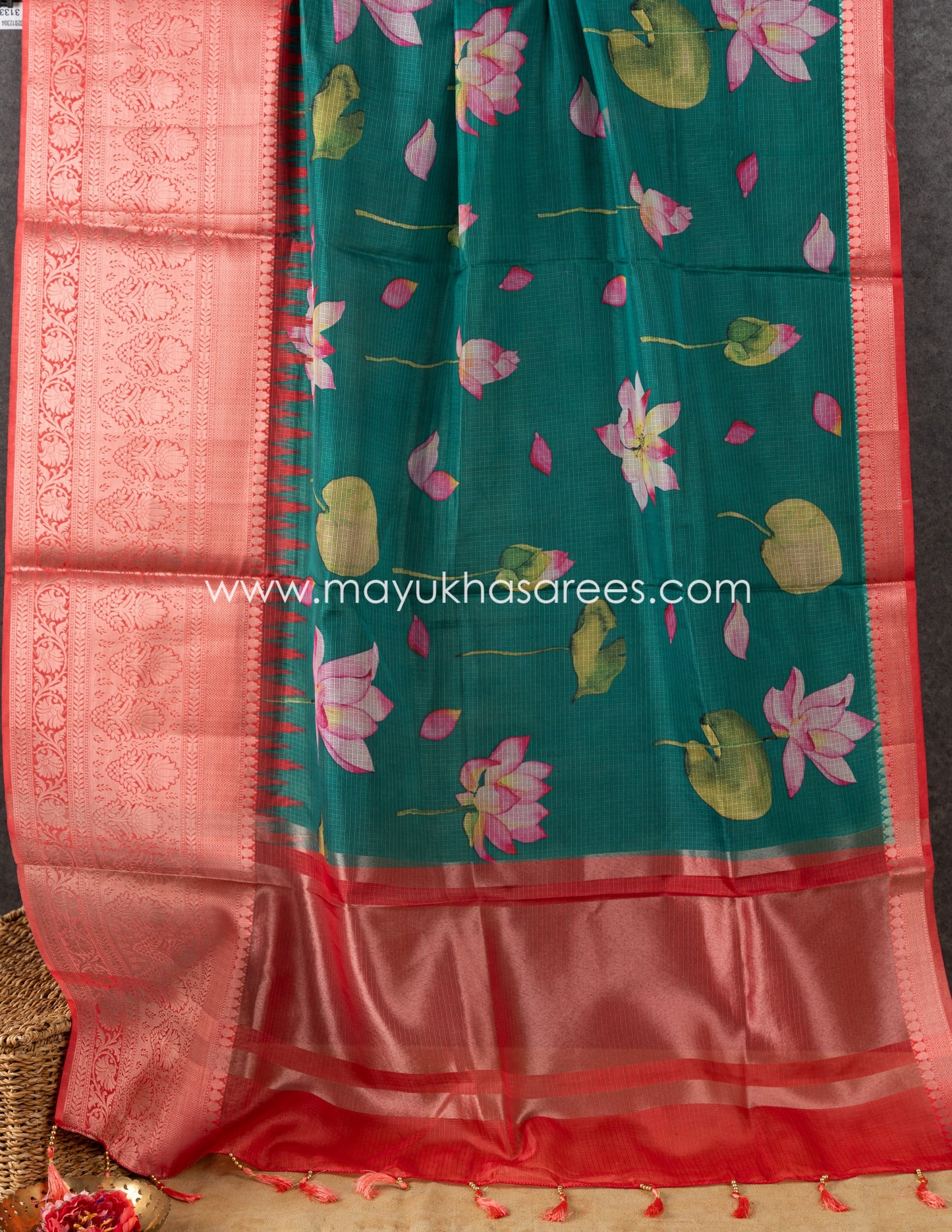 Teal and Red Light weight Lotus Printed Kota silk sarees with Banarasi Borders and Floral Printed Blouse in Size 38 44