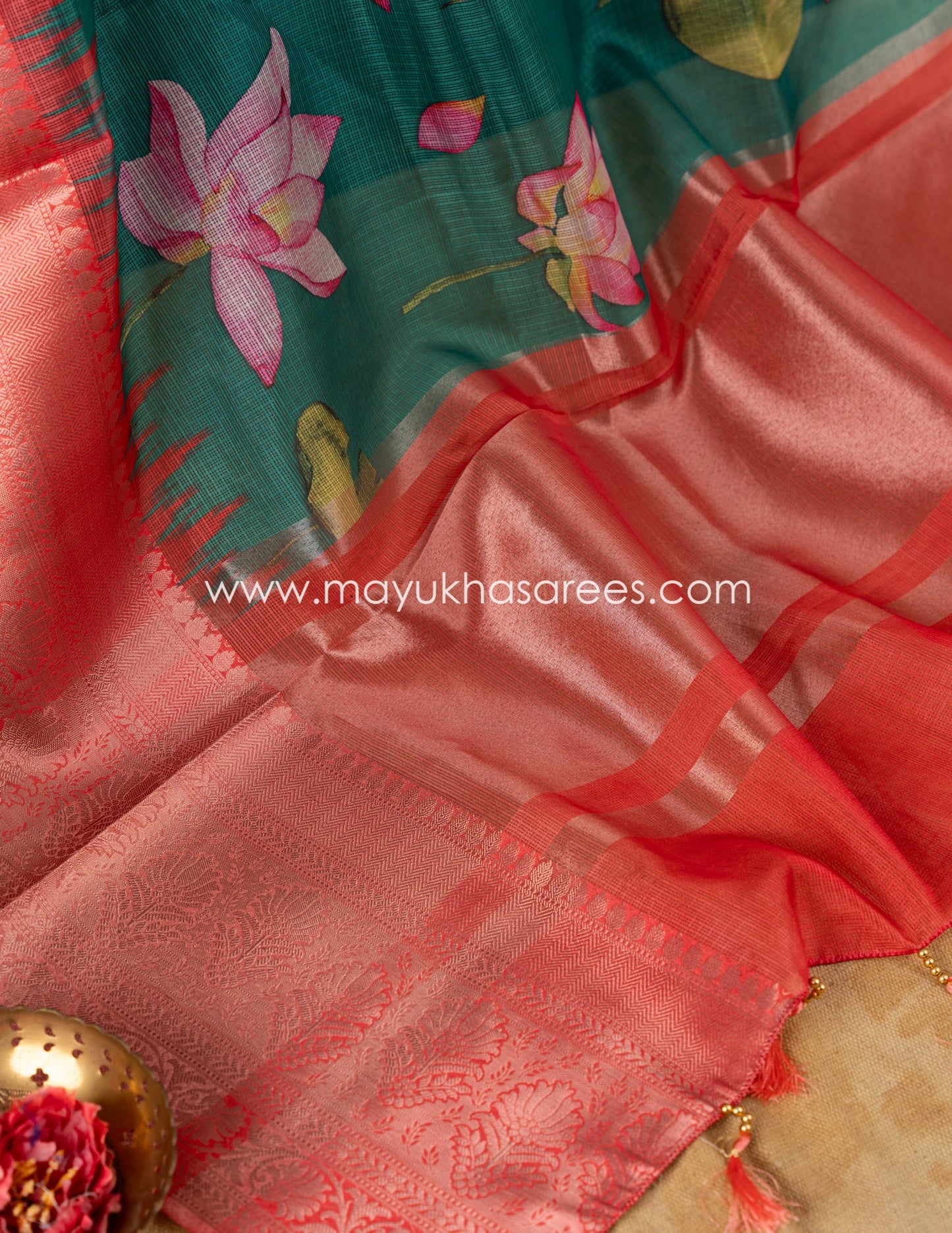 Teal and Red Light weight Lotus Printed Kota silk sarees with Banarasi Borders and Floral Printed Blouse in Size 38 44