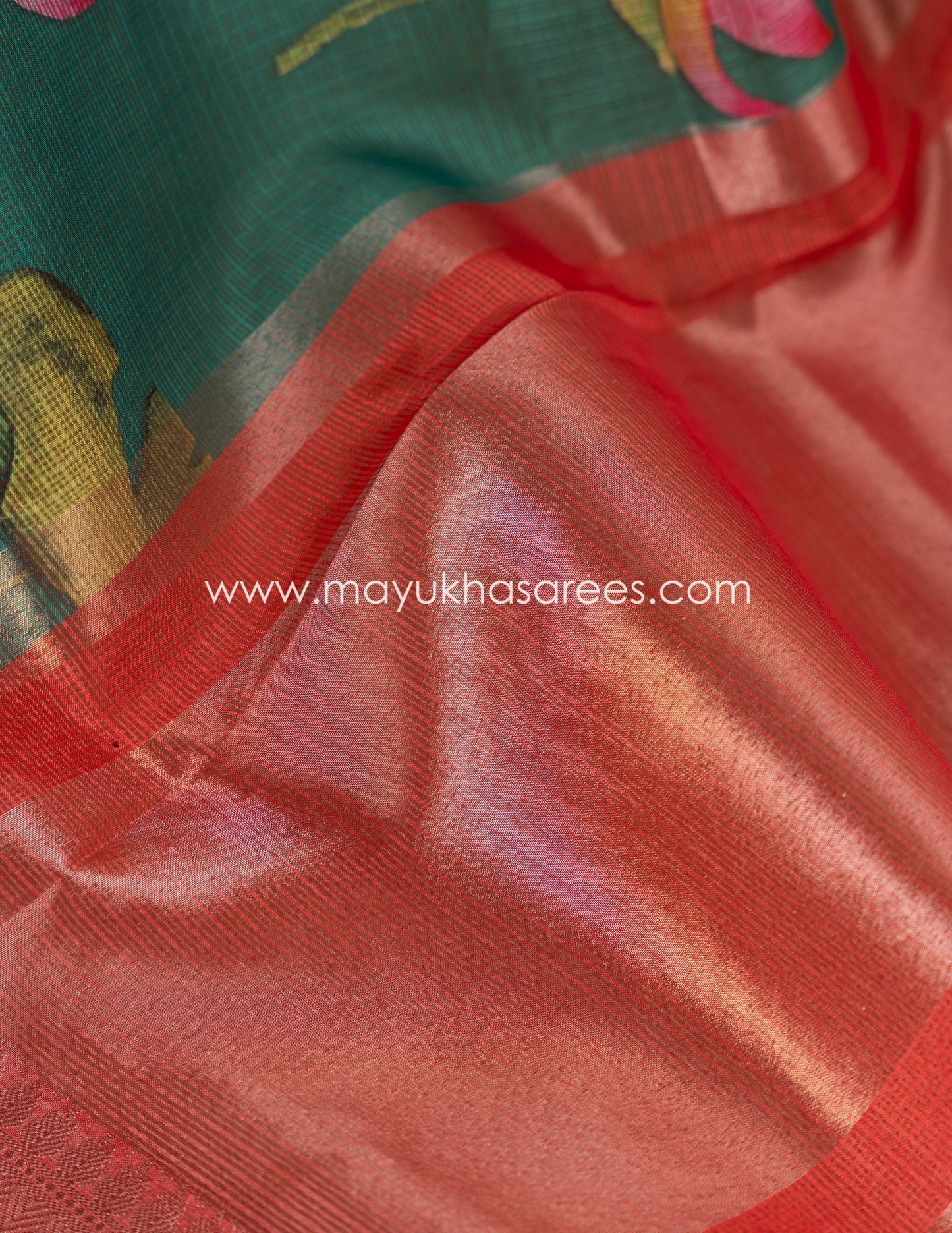 Teal and Red Light weight Lotus Printed Kota silk sarees with Banarasi Borders and Floral Printed Blouse in Size 38 44