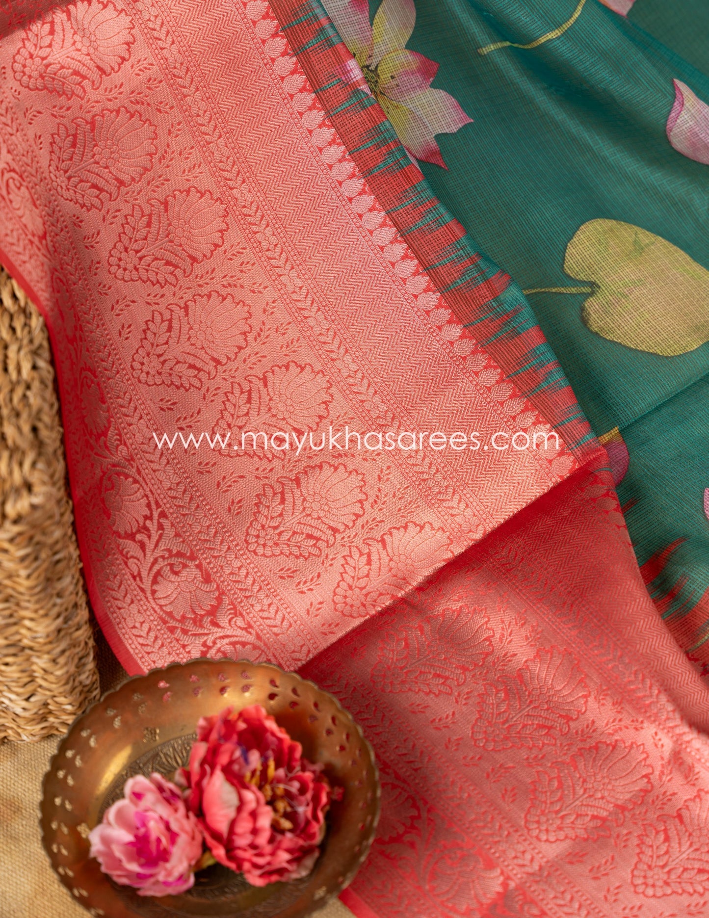 Teal and Red Light weight Lotus Printed Kota silk sarees with Banarasi Borders and Floral Printed Blouse in Size 38 44