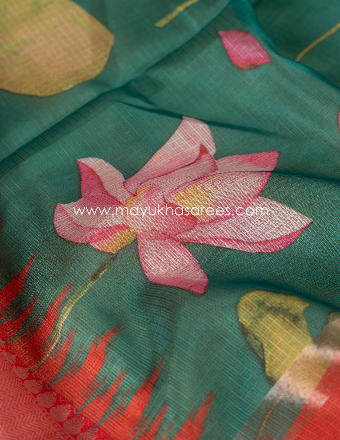 Teal and Red Light weight Lotus Printed Kota silk sarees with Banarasi Borders and Floral Printed Blouse in Size 38 44