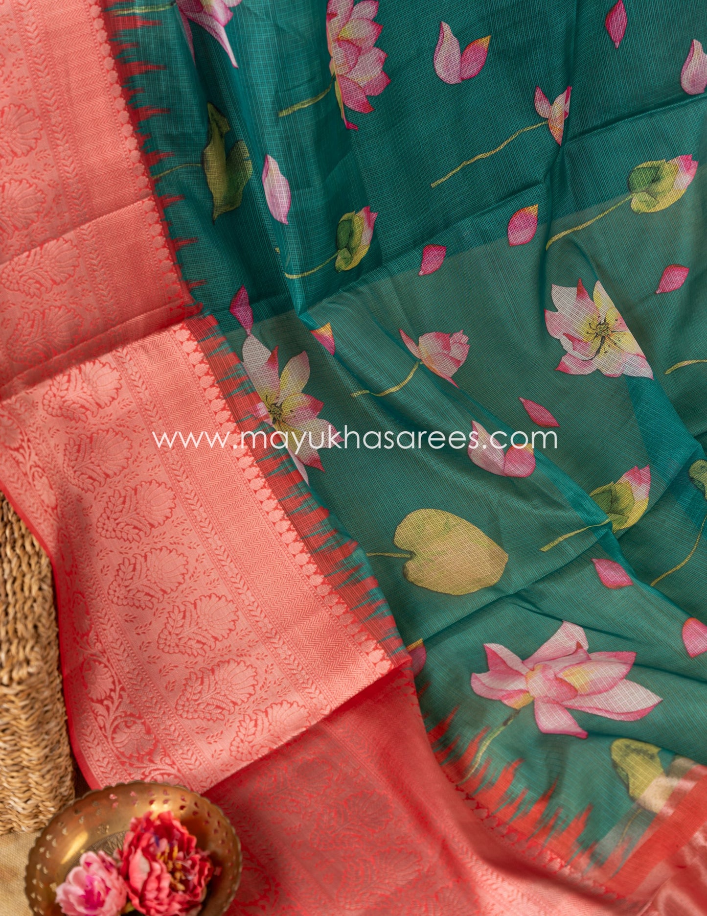 Teal and Red Light weight Lotus Printed Kota silk sarees with Banarasi Borders and Floral Printed Blouse in Size 38 44