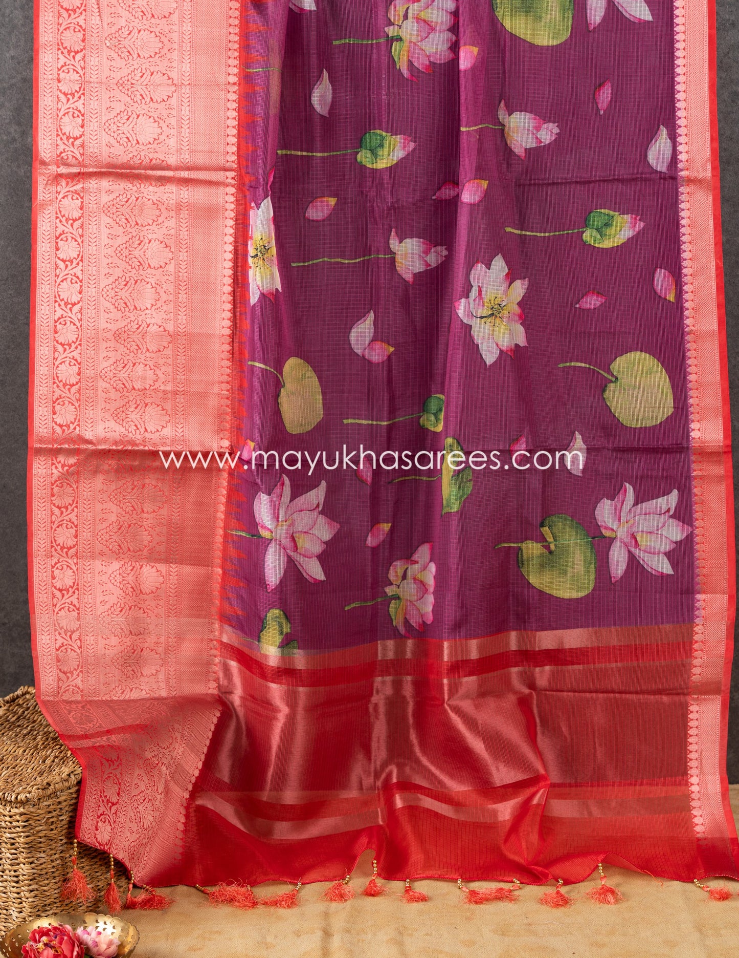 Purple and Pink Light weight Lotus Printed Kota silk sarees with Banarasi Borders and Floral Printed Blouse in Size 38 44