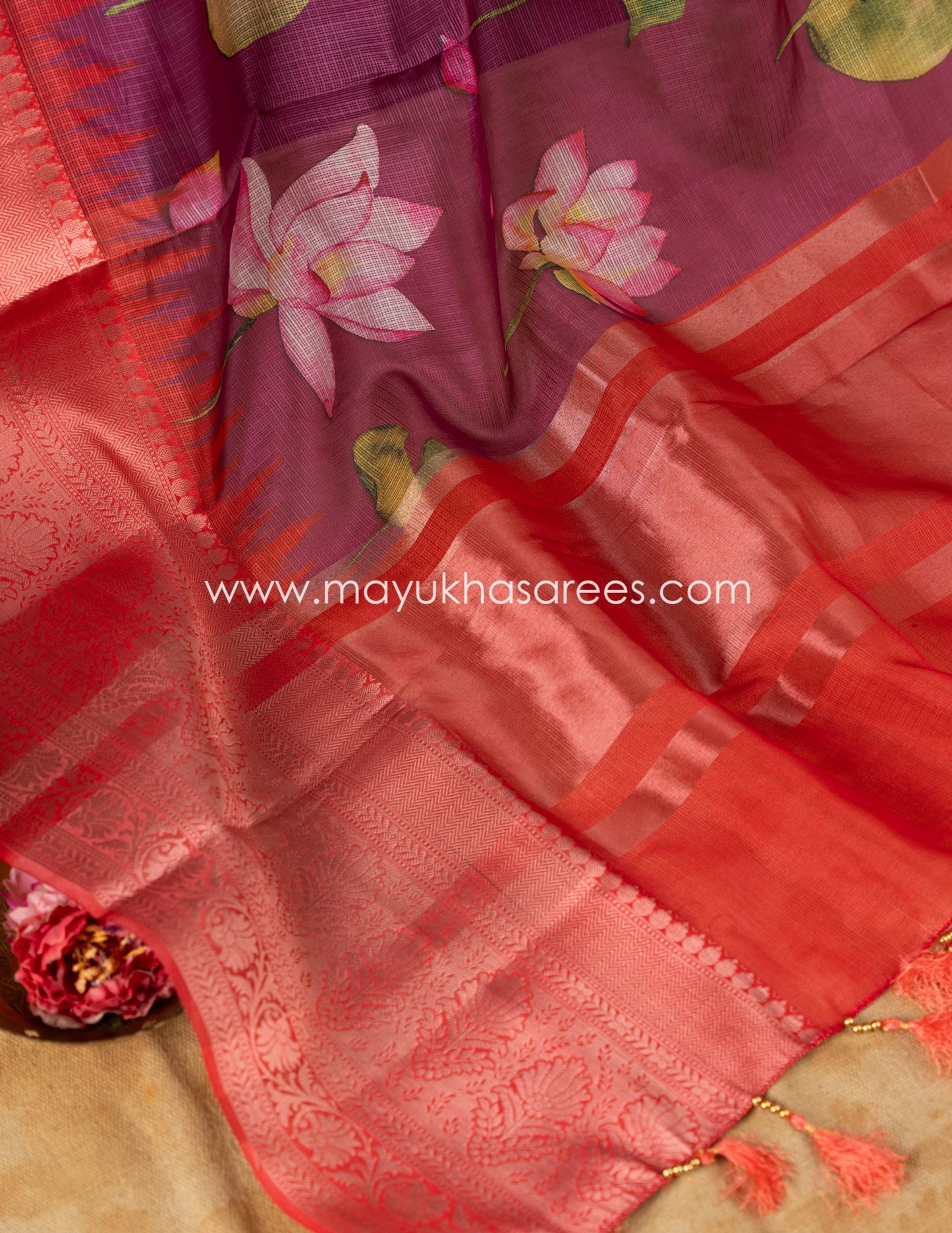 Purple and Pink Light weight Lotus Printed Kota silk sarees with Banarasi Borders and Floral Printed Blouse in Size 38 44