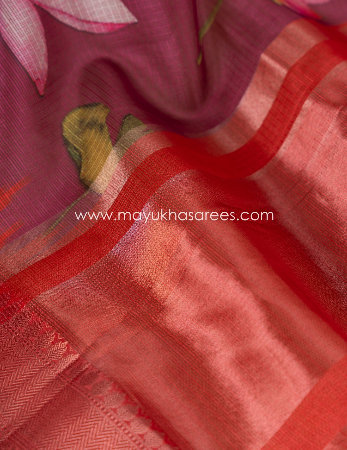 Purple and Pink Light weight Lotus Printed Kota silk sarees with Banarasi Borders and Floral Printed Blouse in Size 38 44