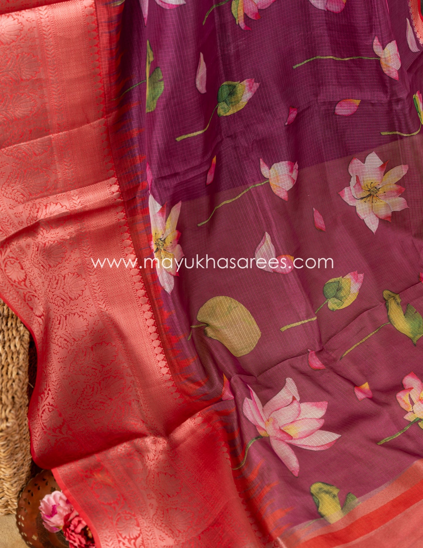 Purple and Pink Light weight Lotus Printed Kota silk sarees with Banarasi Borders and Floral Printed Blouse in Size 38 44