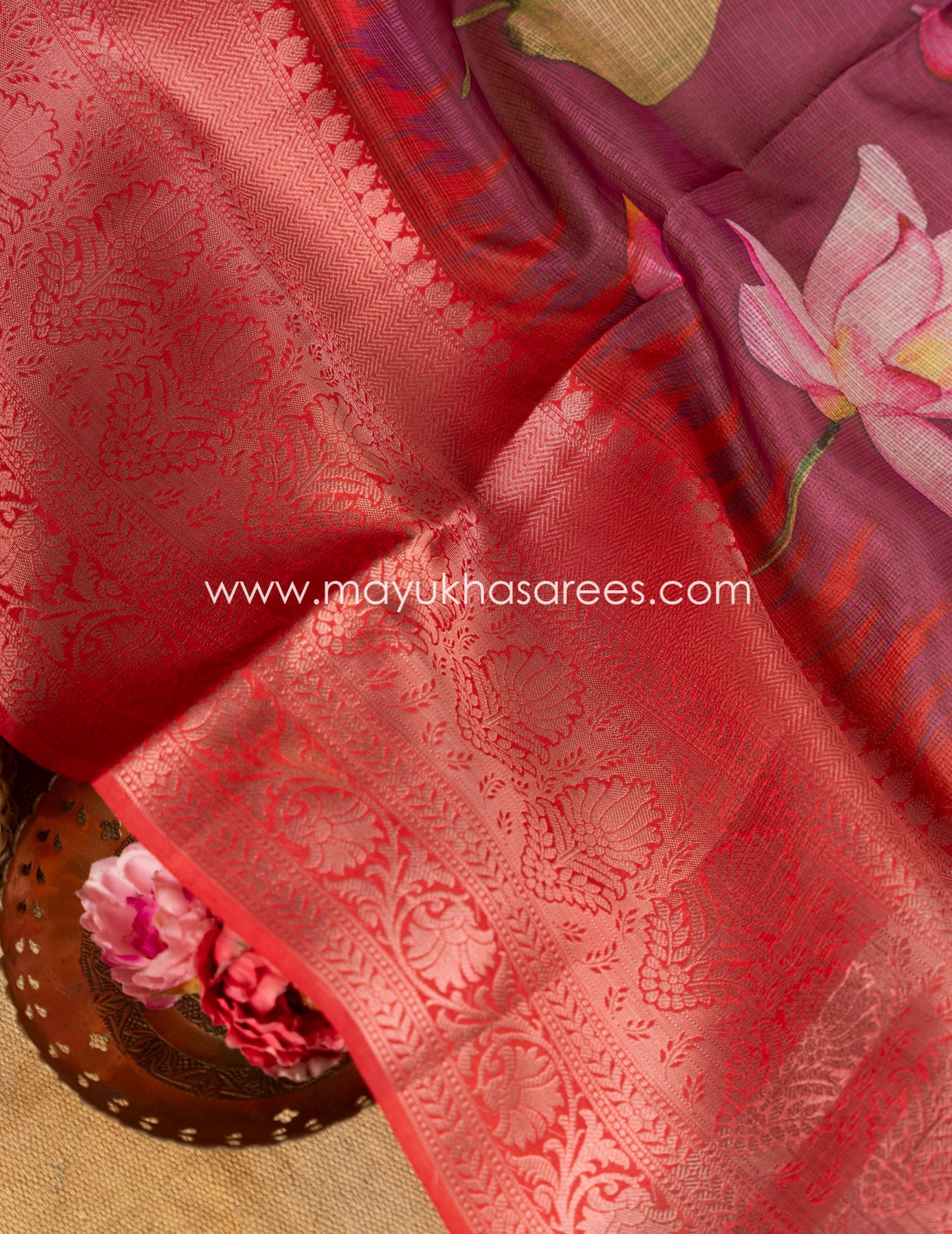 Purple and Pink Light weight Lotus Printed Kota silk sarees with Banarasi Borders and Floral Printed Blouse in Size 38 44