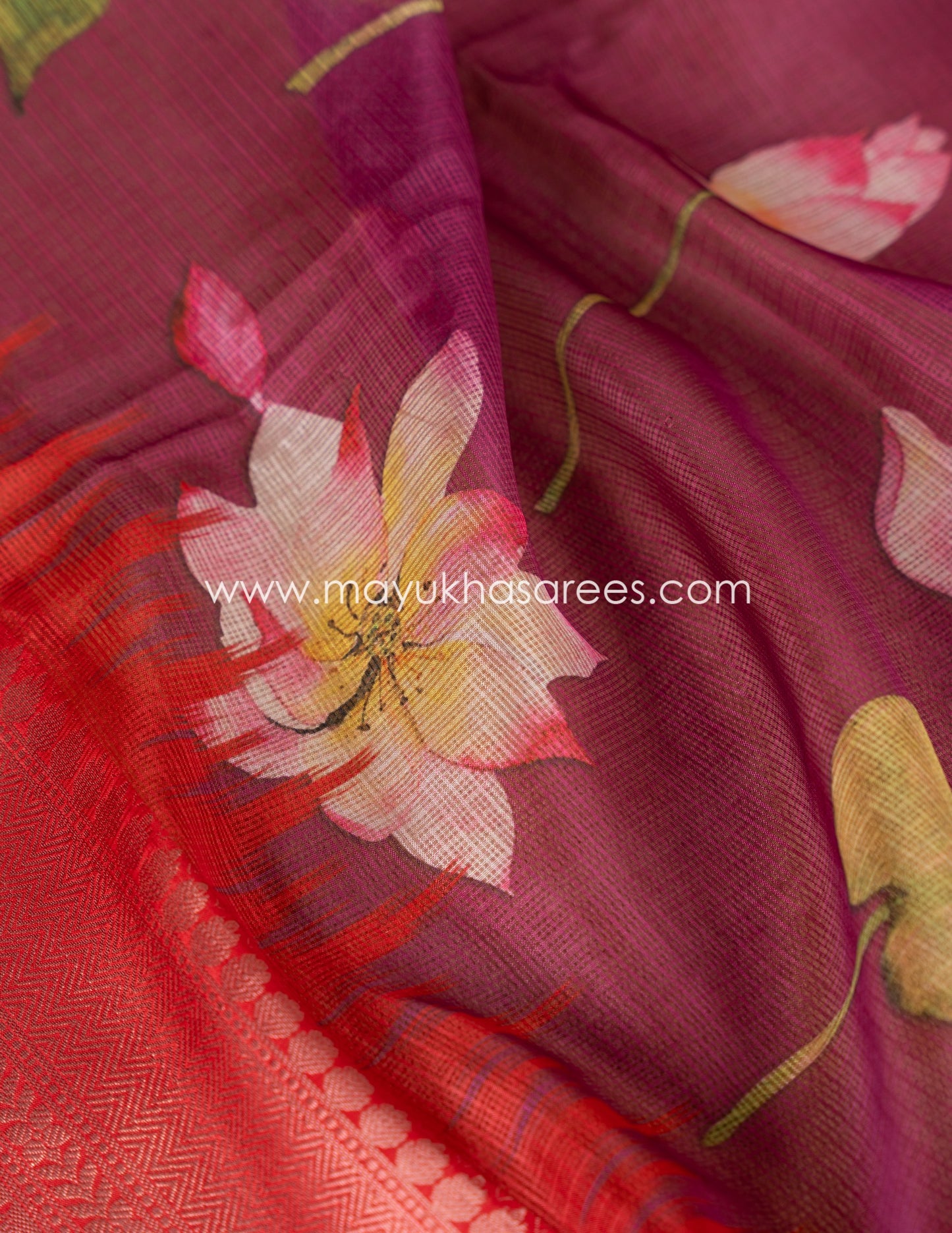 Purple and Pink Light weight Lotus Printed Kota silk sarees with Banarasi Borders and Floral Printed Blouse in Size 38 44