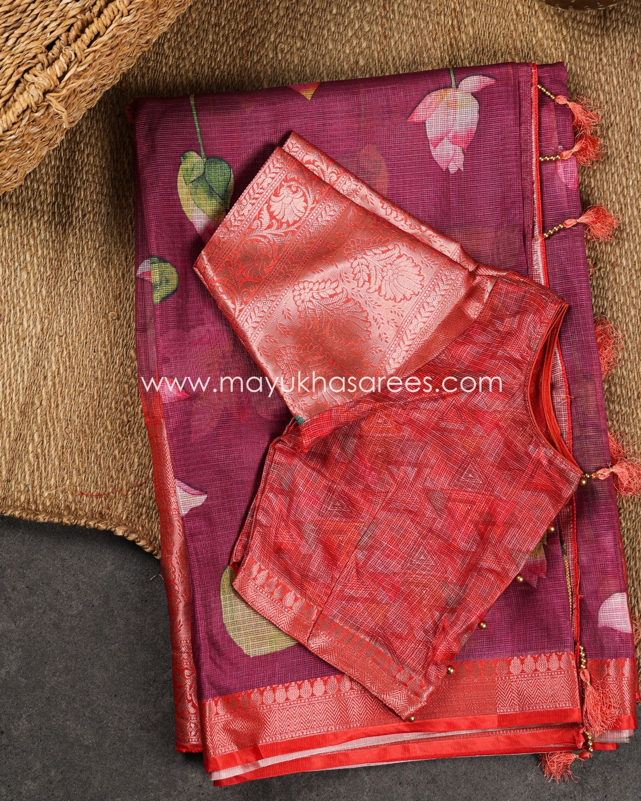 Purple and Pink Light weight Lotus Printed Kota silk sarees with Banarasi Borders and Floral Printed Blouse in Size 38 44