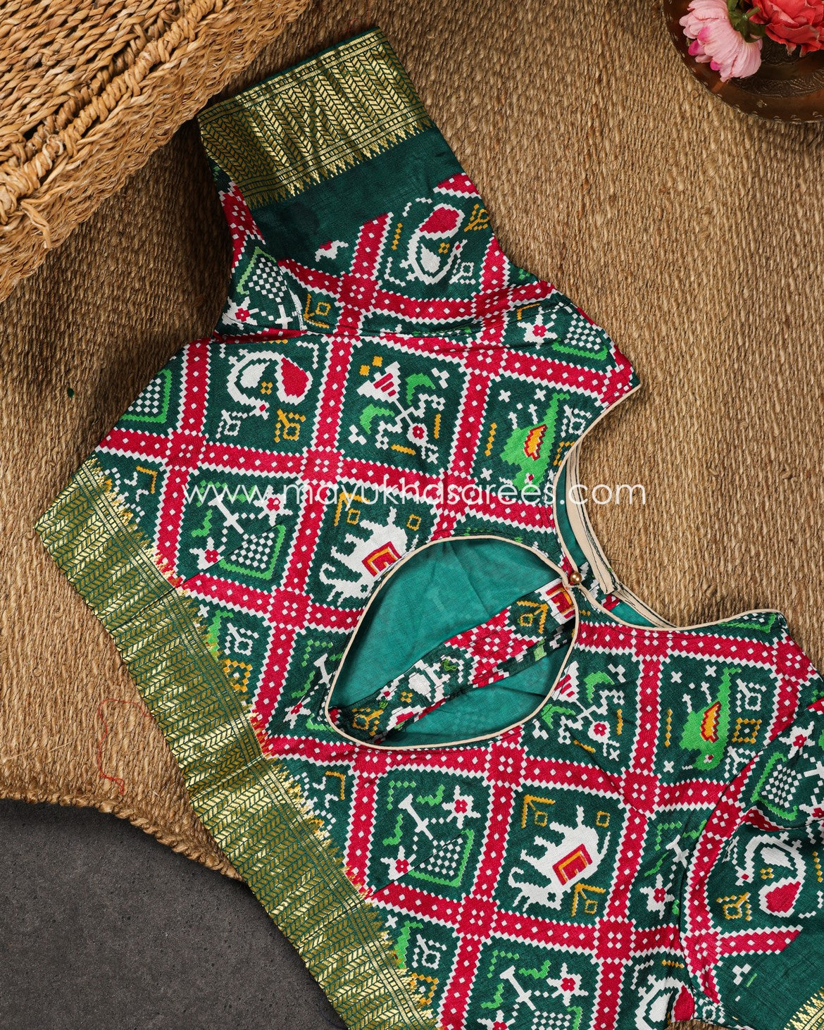 Green Patola Prints on Munga Silk Saree with Temple Design Borders and Stitched Blouse in Size 38 44