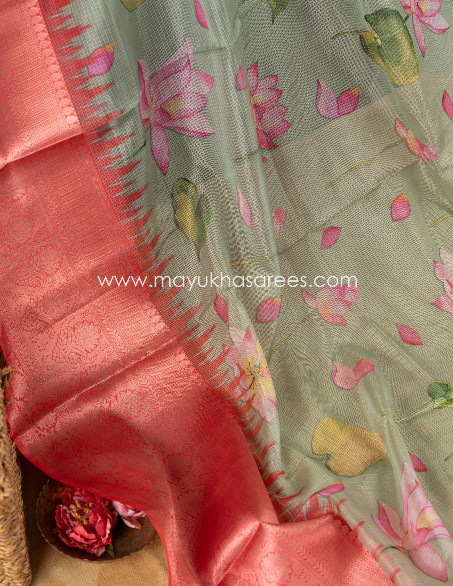 Pastel Green & Red Light weight Lotus Printed Kota silk sarees with Banarasi Borders and Floral Printed Blouse in Size 38 44