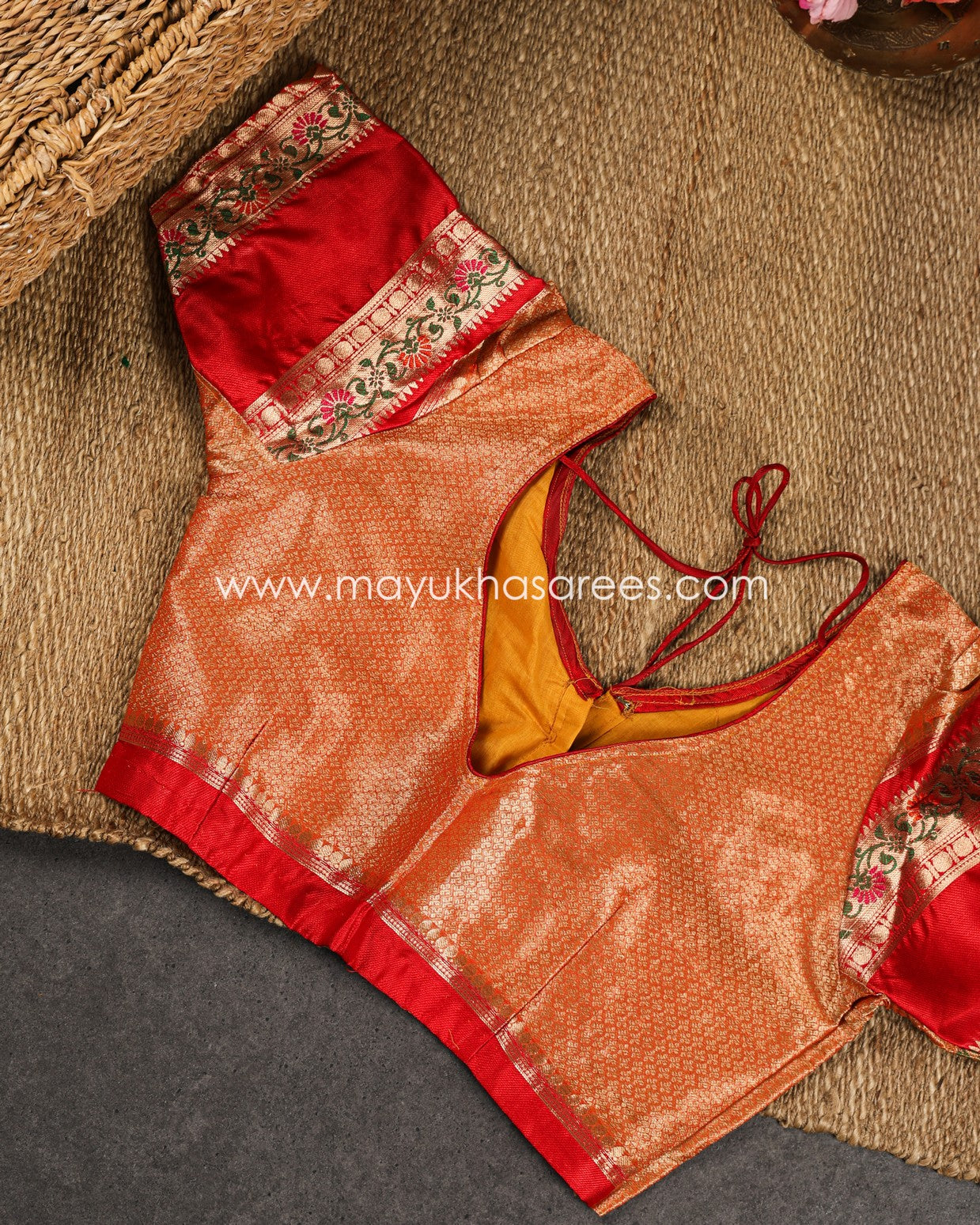 Mustard & Red Banarasi Kora Silk with Chevron Pattern Body, Tifli Borders and Stitched Blouse in Size 38 44