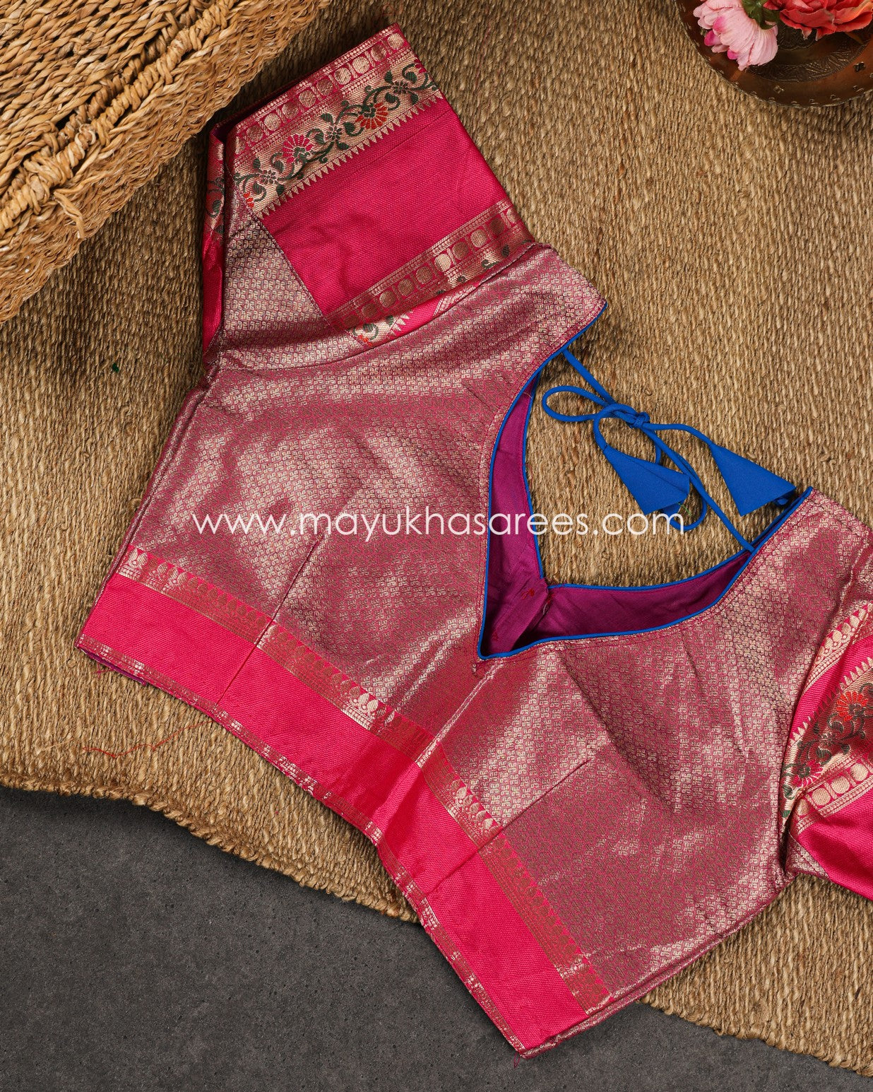 Blue & Pink Banarasi Kora Silk with Chevron Pattern Body, Tifli Borders and Stitched Blouse in Size 38 44