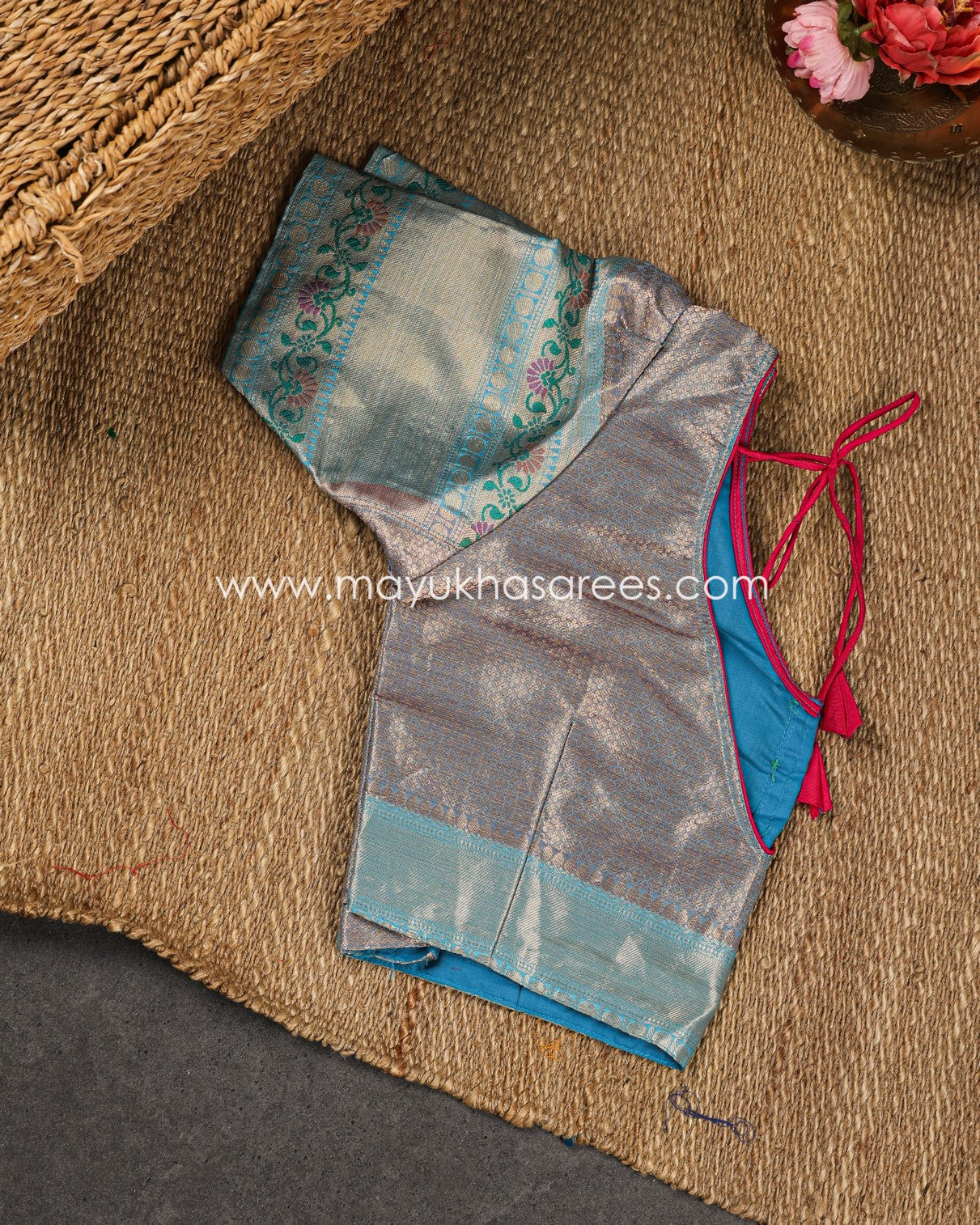 Red & Blue Banarasi Kora Silk with Chevron Pattern Body, Tifli Borders and Stitched Blouse in Size 38 44