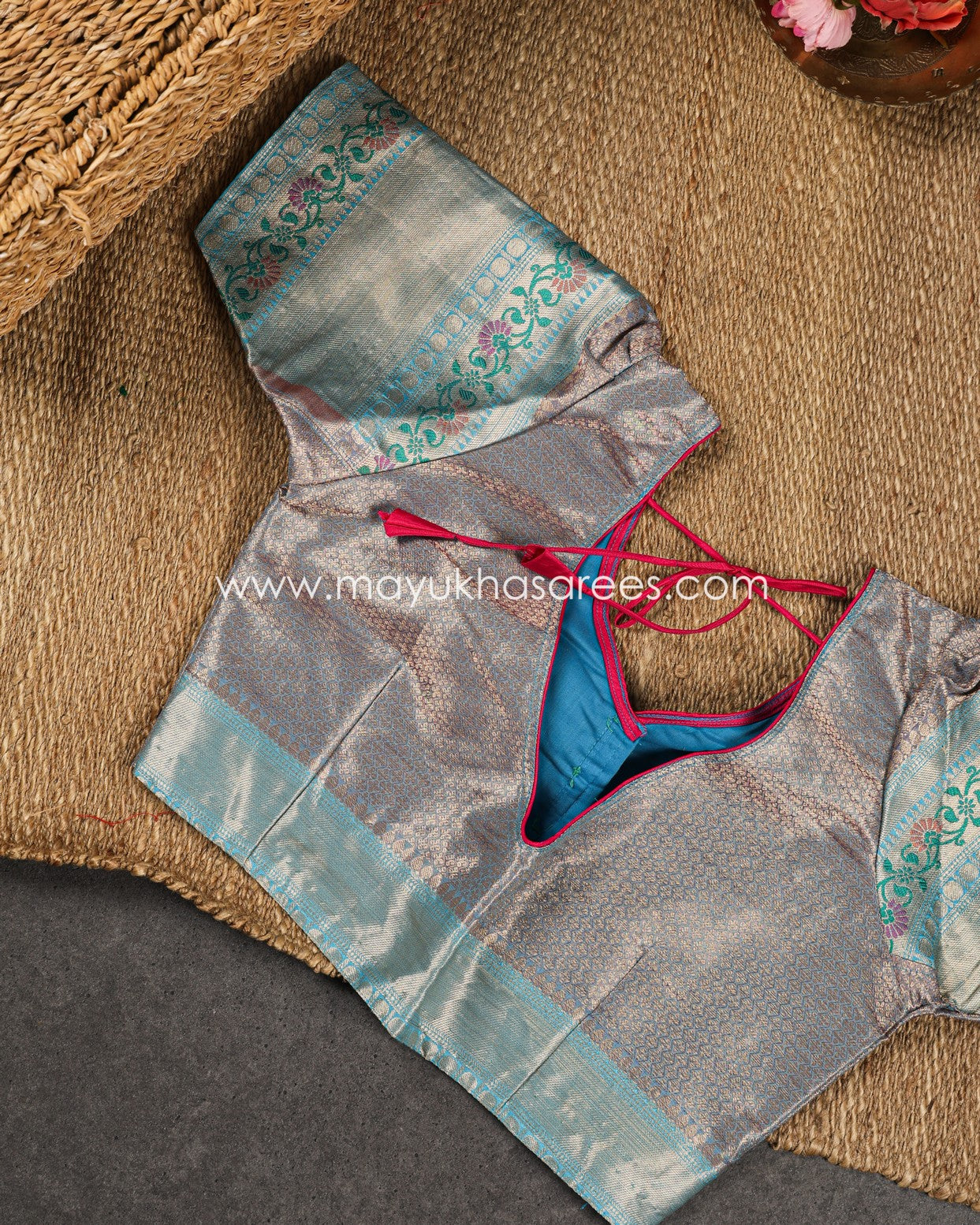 Red & Blue Banarasi Kora Silk with Chevron Pattern Body, Tifli Borders and Stitched Blouse in Size 38 44