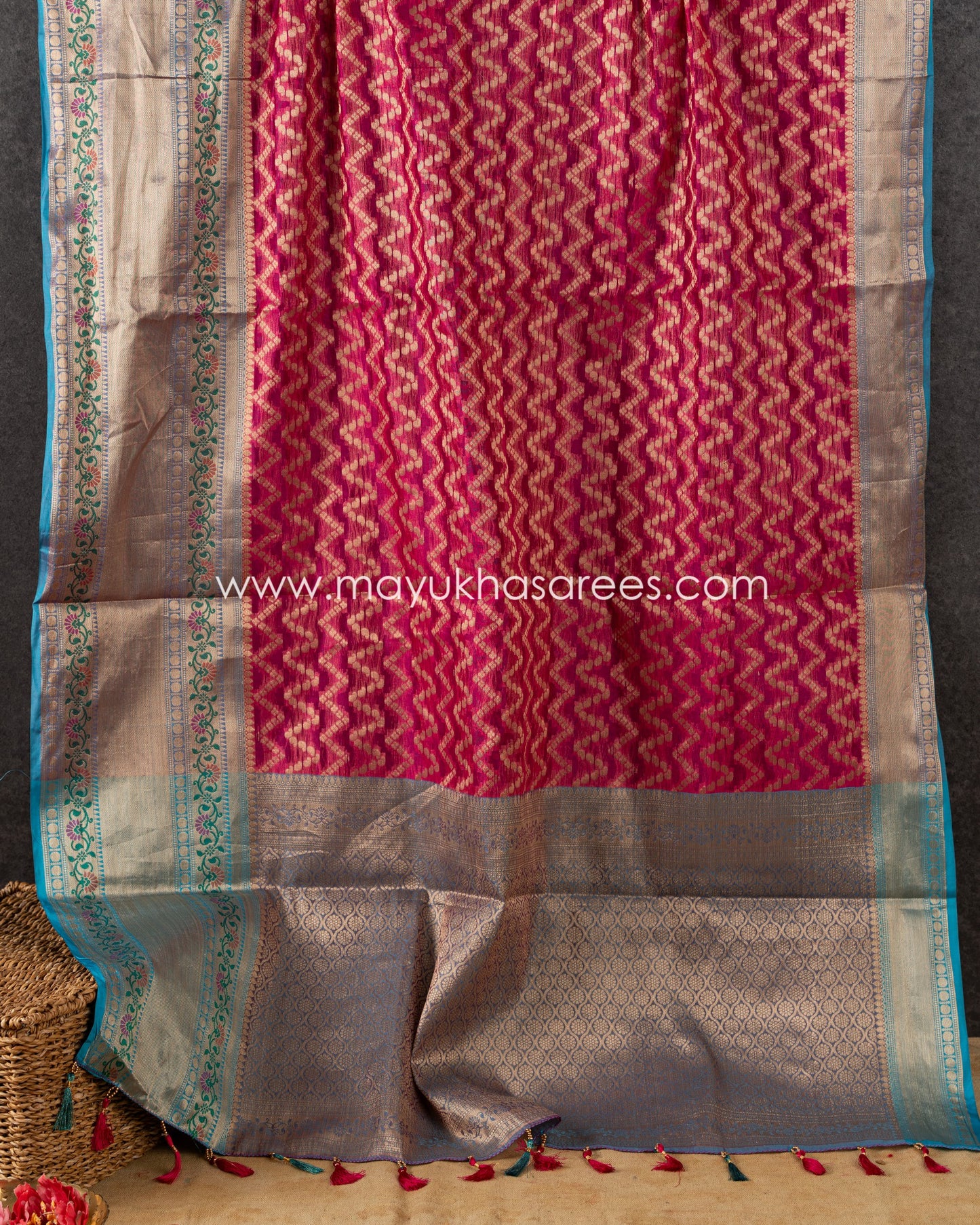 Red & Blue Banarasi Kora Silk with Chevron Pattern Body, Tifli Borders and Stitched Blouse in Size 38 44