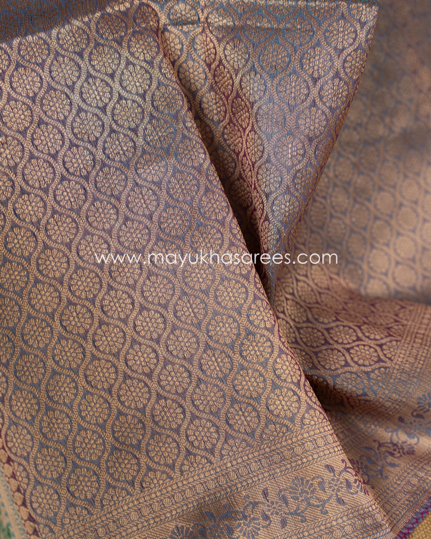 Red & Blue Banarasi Kora Silk with Chevron Pattern Body, Tifli Borders and Stitched Blouse in Size 38 44
