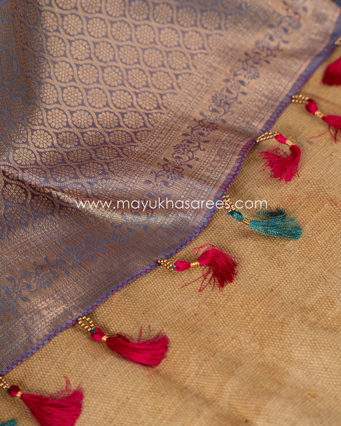 Red & Blue Banarasi Kora Silk with Chevron Pattern Body, Tifli Borders and Stitched Blouse in Size 38 44