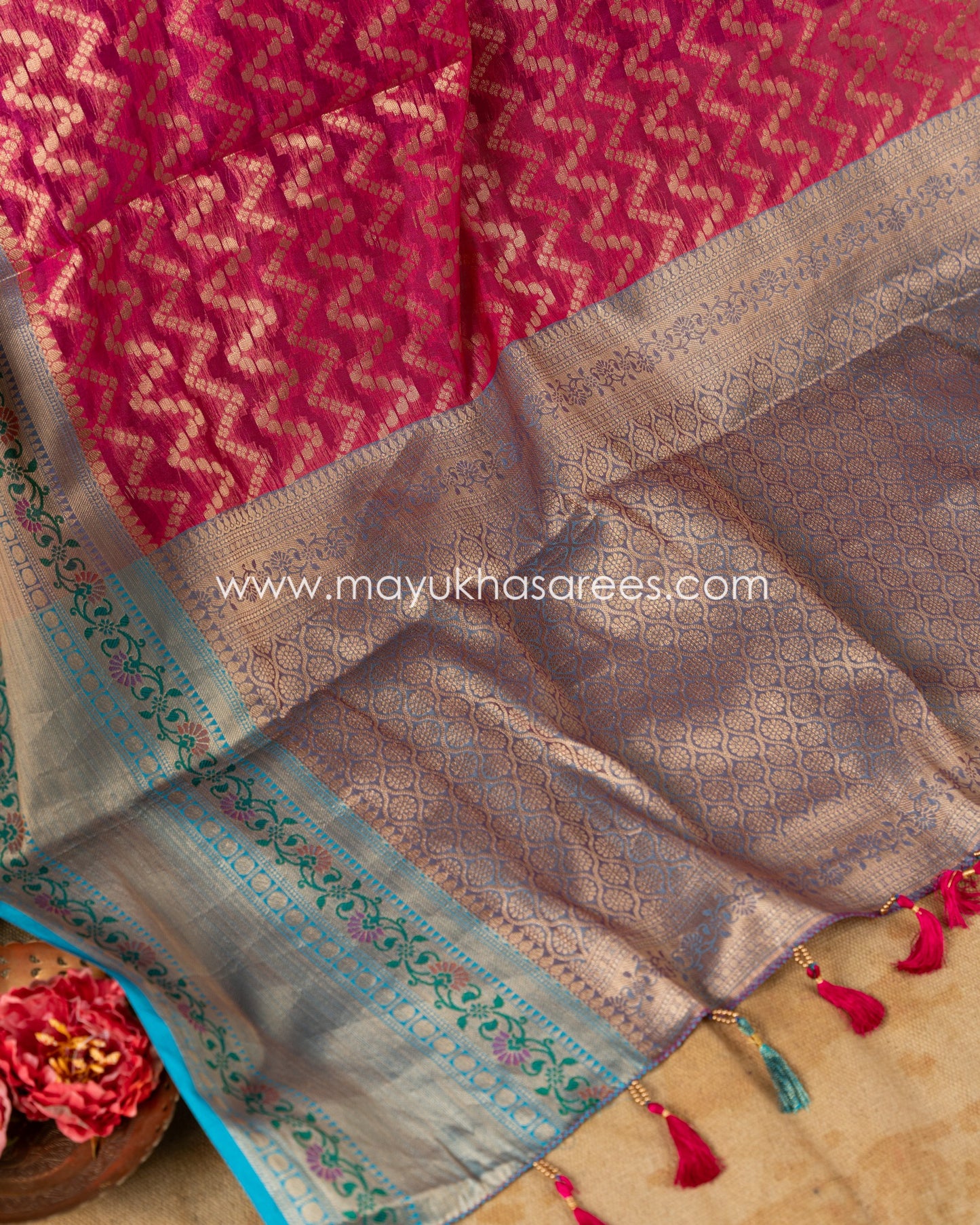 Red & Blue Banarasi Kora Silk with Chevron Pattern Body, Tifli Borders and Stitched Blouse in Size 38 44