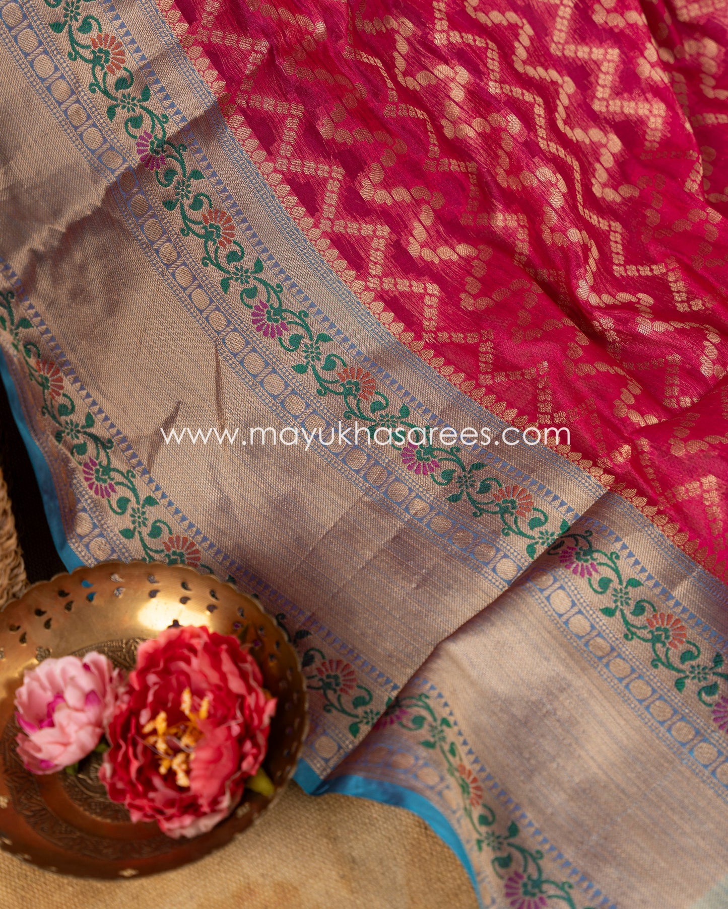 Red & Blue Banarasi Kora Silk with Chevron Pattern Body, Tifli Borders and Stitched Blouse in Size 38 44