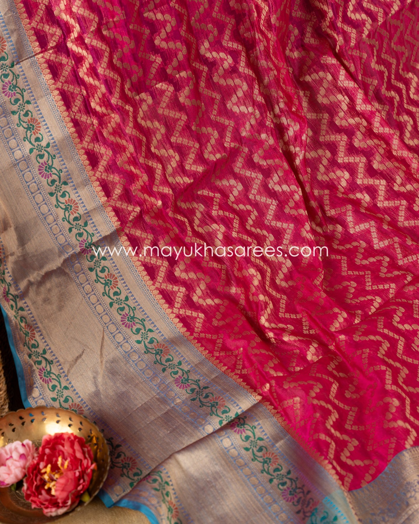 Red & Blue Banarasi Kora Silk with Chevron Pattern Body, Tifli Borders and Stitched Blouse in Size 38 44