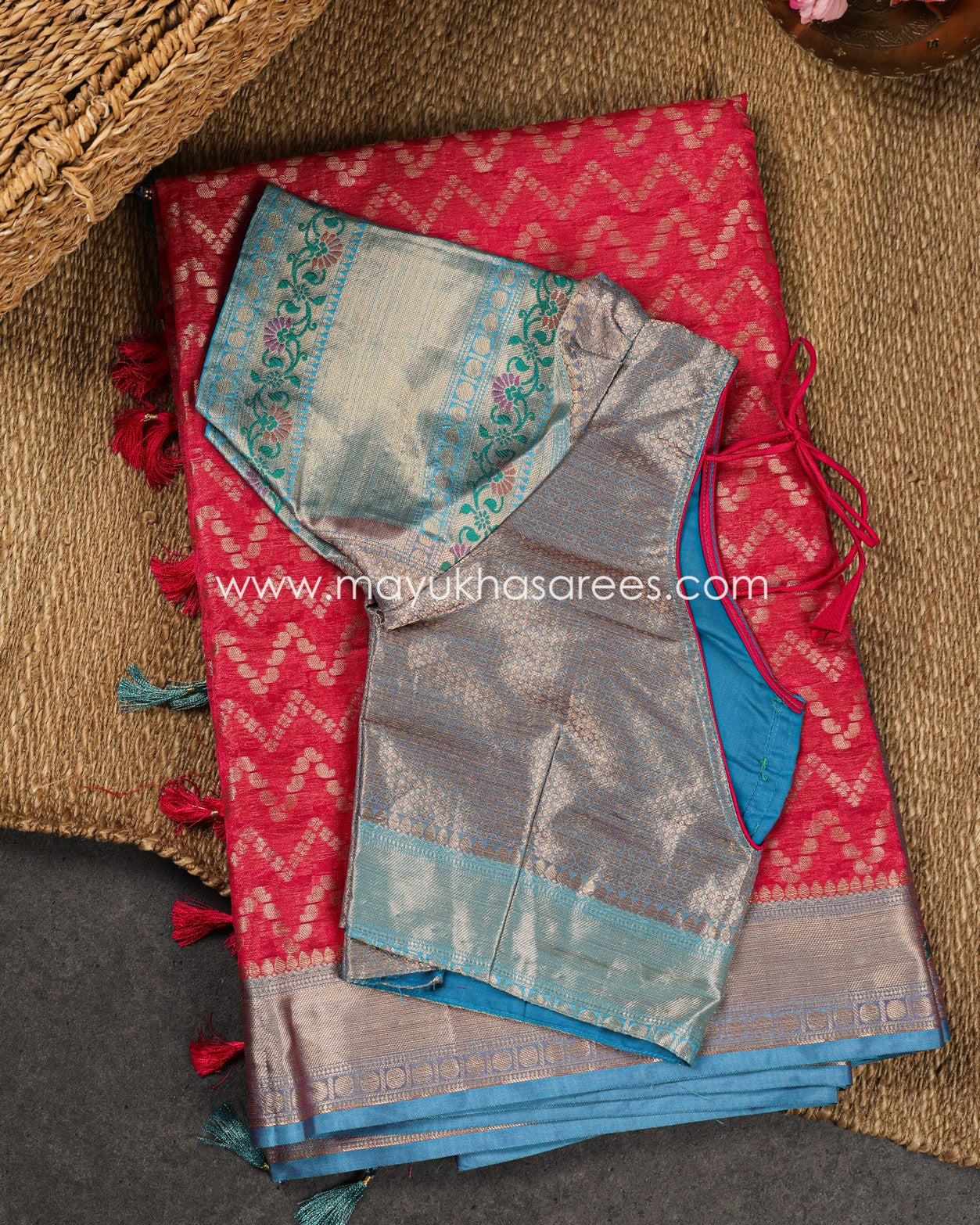 Red & Blue Banarasi Kora Silk with Chevron Pattern Body, Tifli Borders and Stitched Blouse in Size 38 44