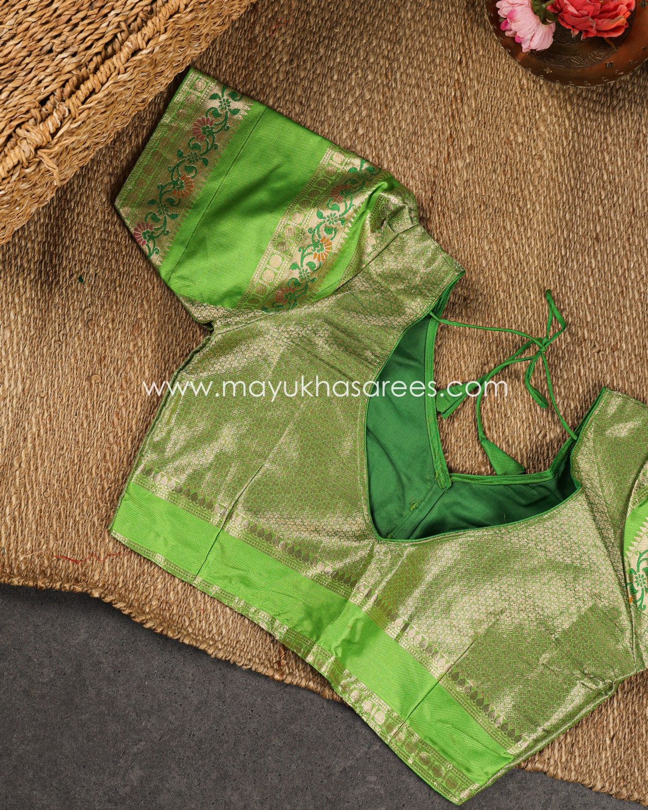 Green & Light Green Banarasi Kora Silk with Chevron Pattern Body, Tifli Borders and Stitched Blouse in Size 38 44