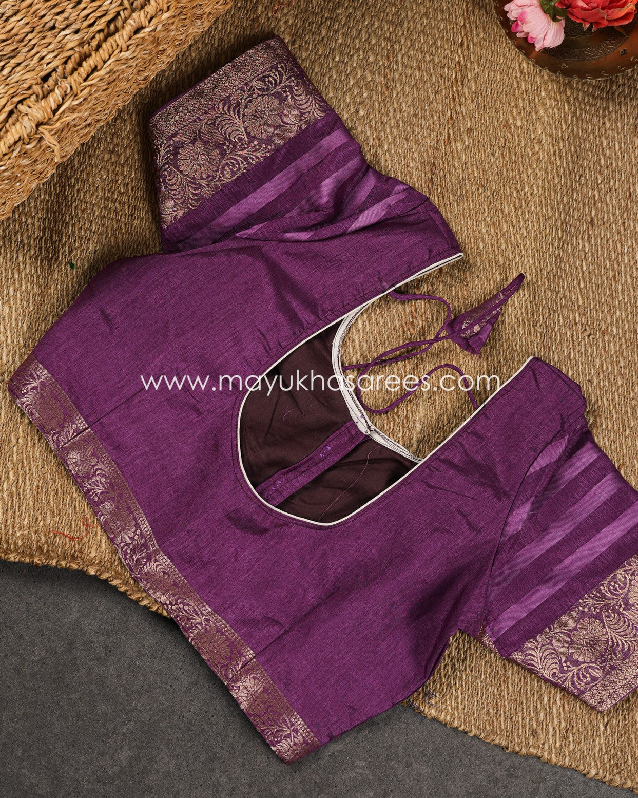 Paisley Prints on Purple Munga Silk Saree with Kanchipuram Inspired gap borders and Stitched Blouse in Size 38 44