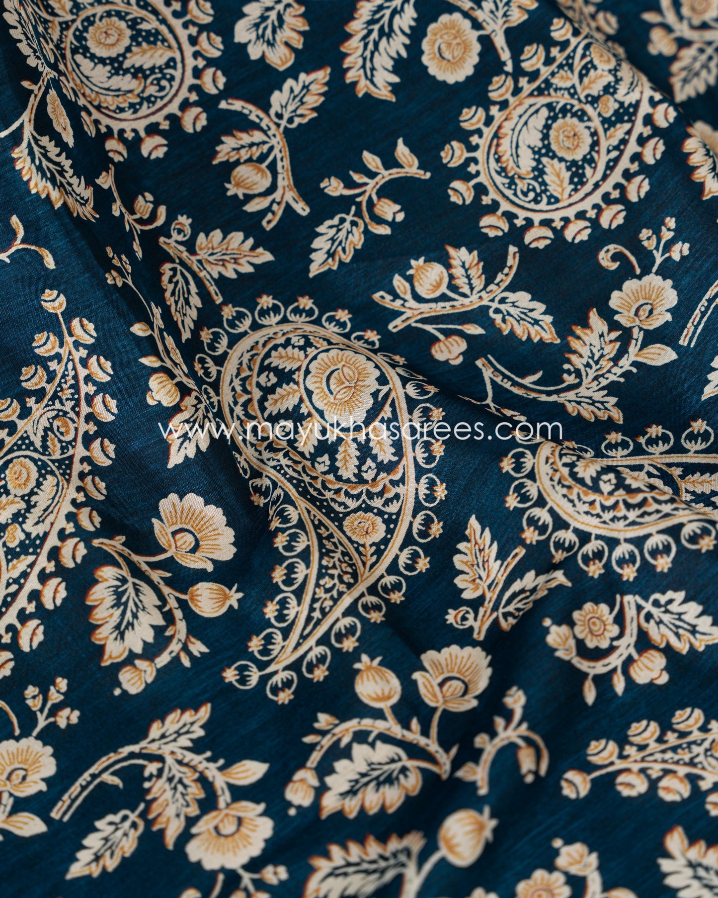 Paisley Prints on Teal Munga Silk Saree with Kanchipuram Inspired gap borders and Stitched Blouse in Size 38 44