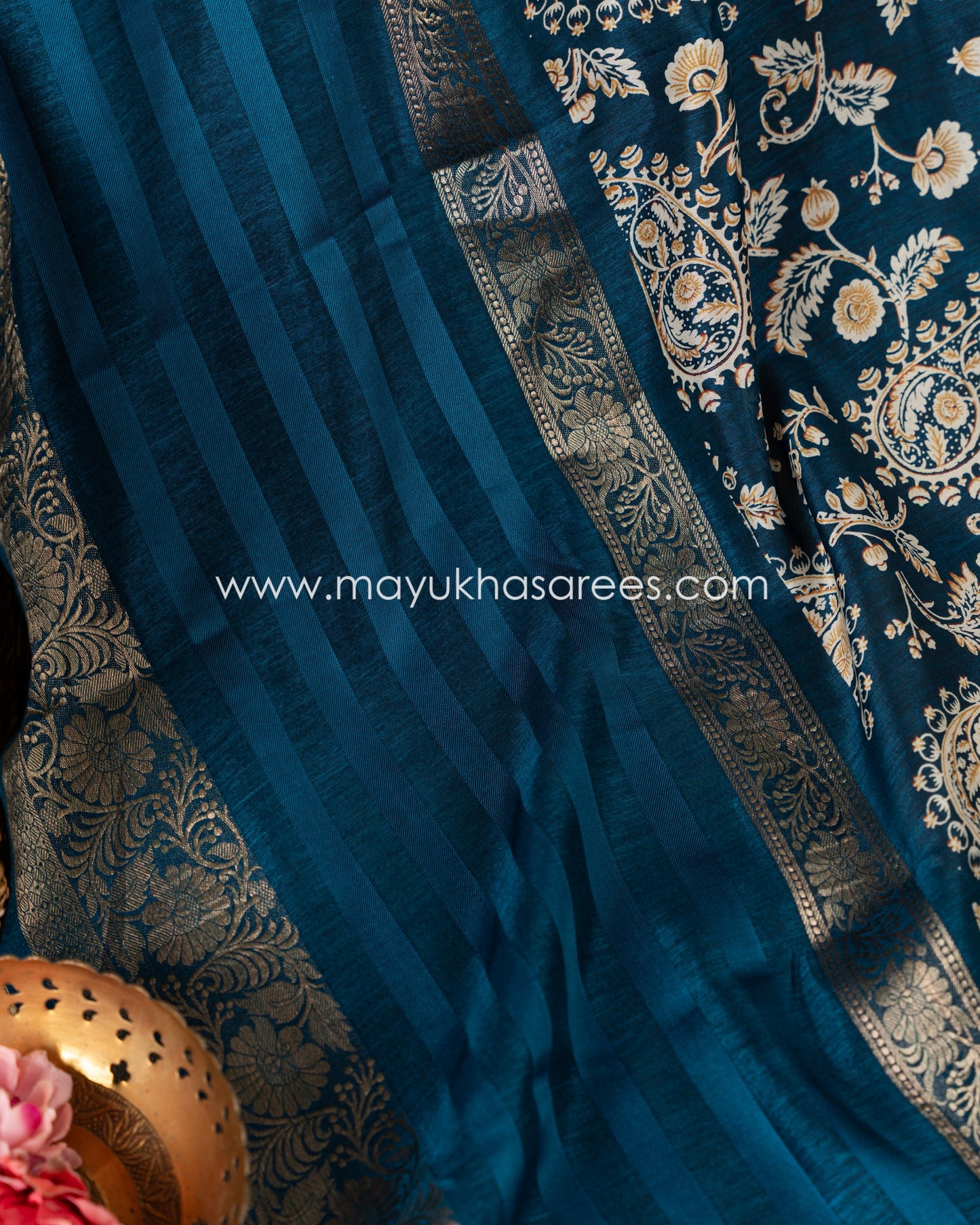 Paisley Prints on Teal Munga Silk Saree with Kanchipuram Inspired gap borders and Stitched Blouse in Size 38 44