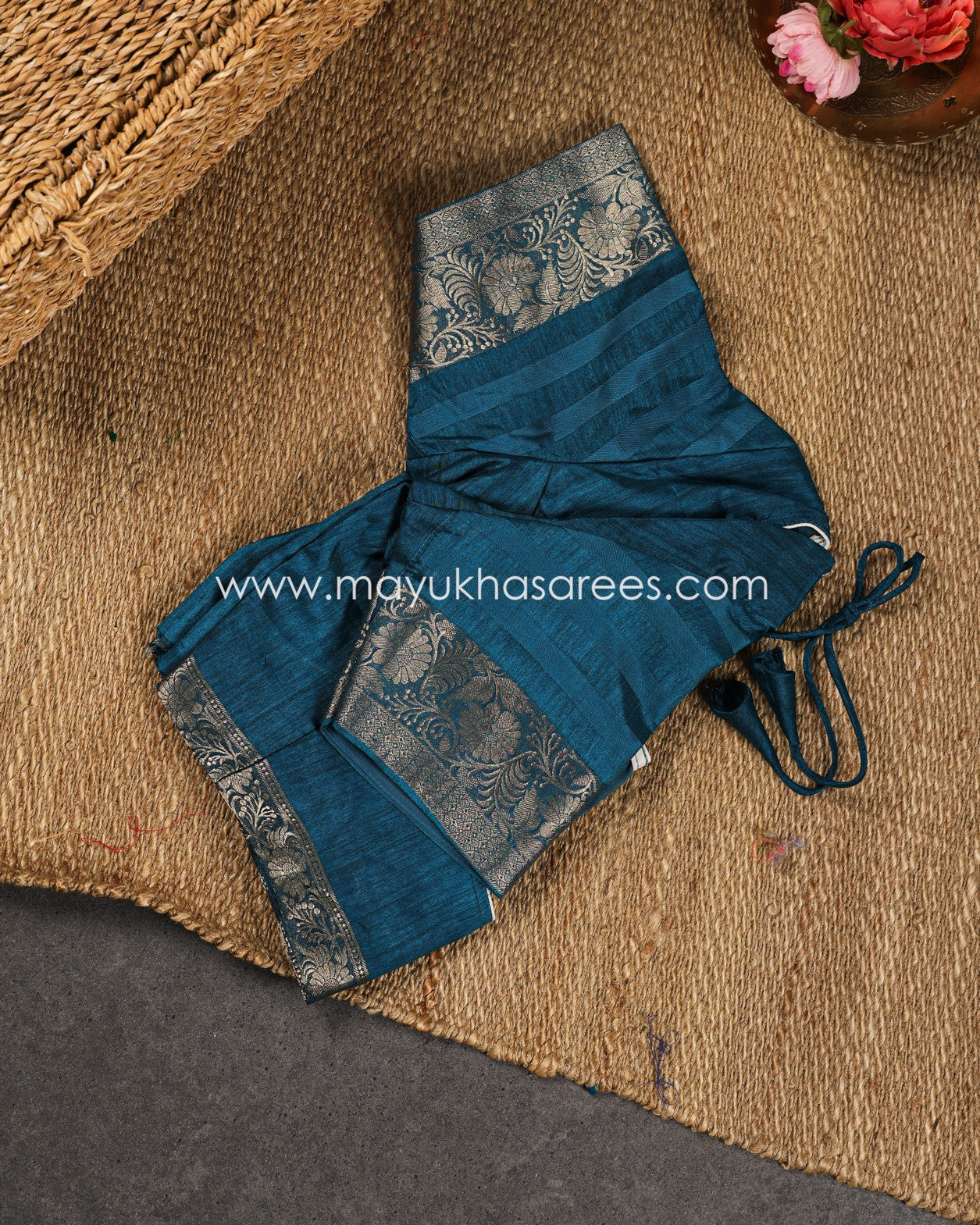 Paisley Prints on Teal Munga Silk Saree with Kanchipuram Inspired gap borders and Stitched Blouse in Size 38 44