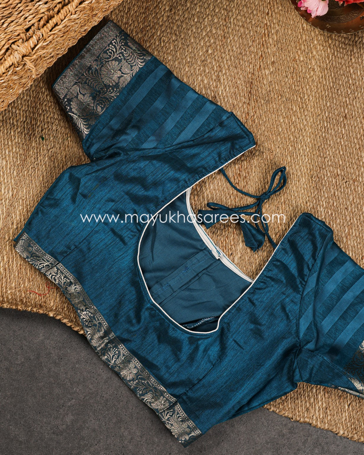 Paisley Prints on Teal Munga Silk Saree with Kanchipuram Inspired gap borders and Stitched Blouse in Size 38 44