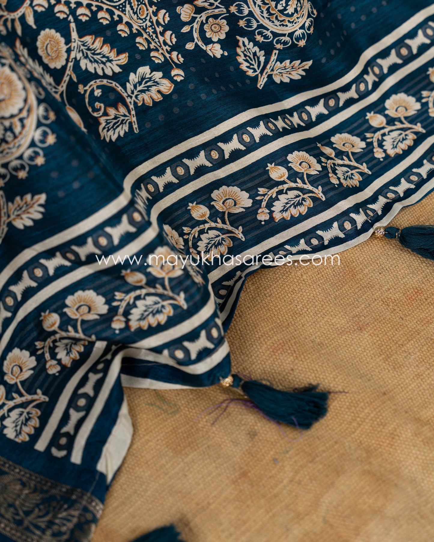 Paisley Prints on Teal Munga Silk Saree with Kanchipuram Inspired gap borders and Stitched Blouse in Size 38 44