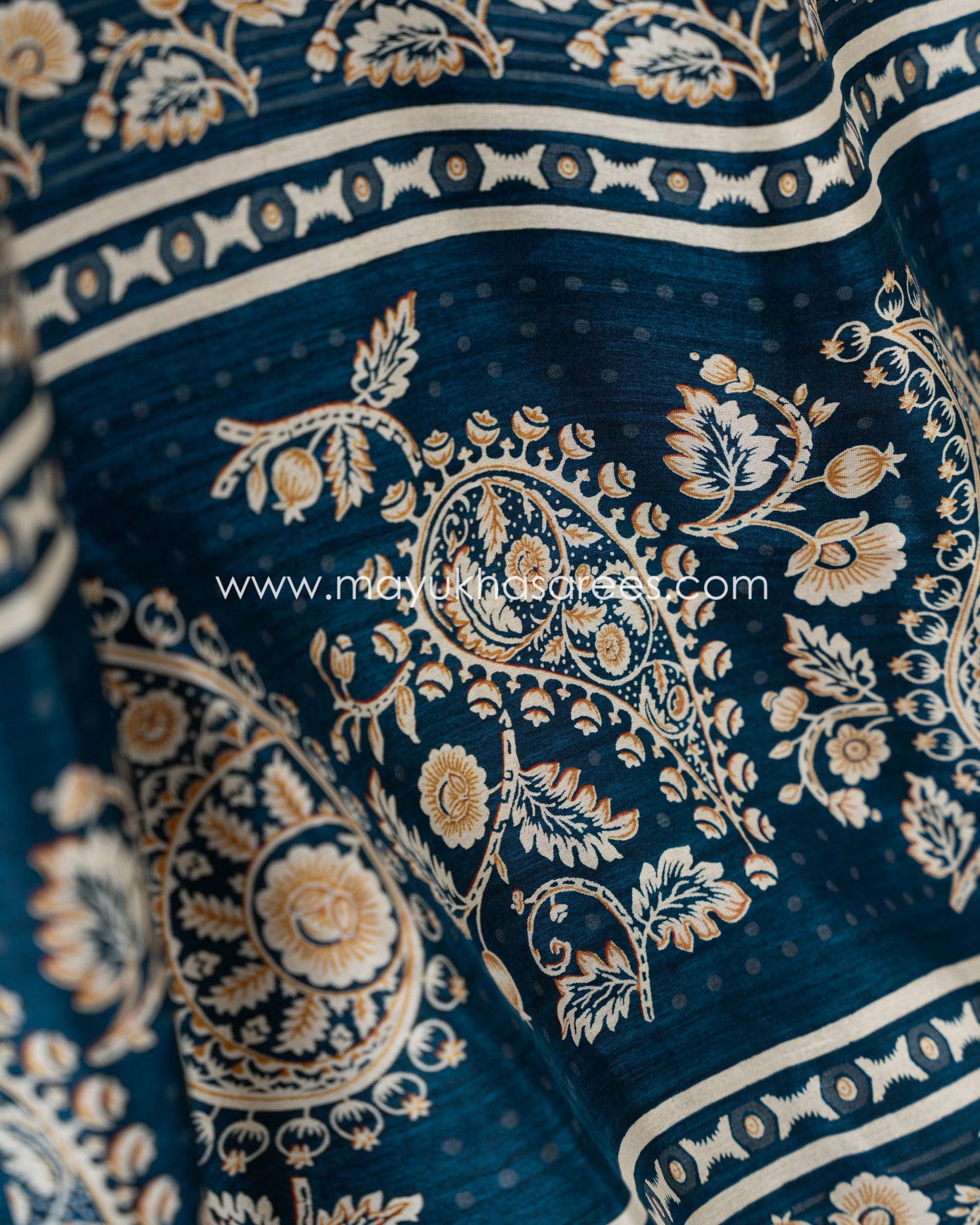 Paisley Prints on Teal Munga Silk Saree with Kanchipuram Inspired gap borders and Stitched Blouse in Size 38 44