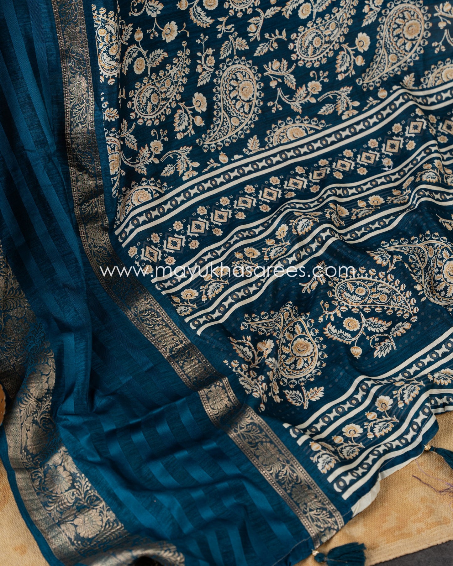 Paisley Prints on Teal Munga Silk Saree with Kanchipuram Inspired gap borders and Stitched Blouse in Size 38 44