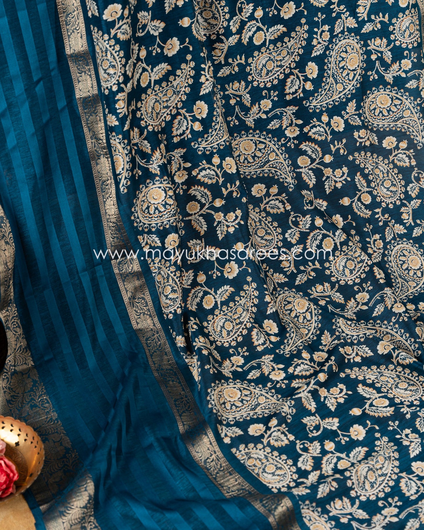 Paisley Prints on Teal Munga Silk Saree with Kanchipuram Inspired gap borders and Stitched Blouse in Size 38 44
