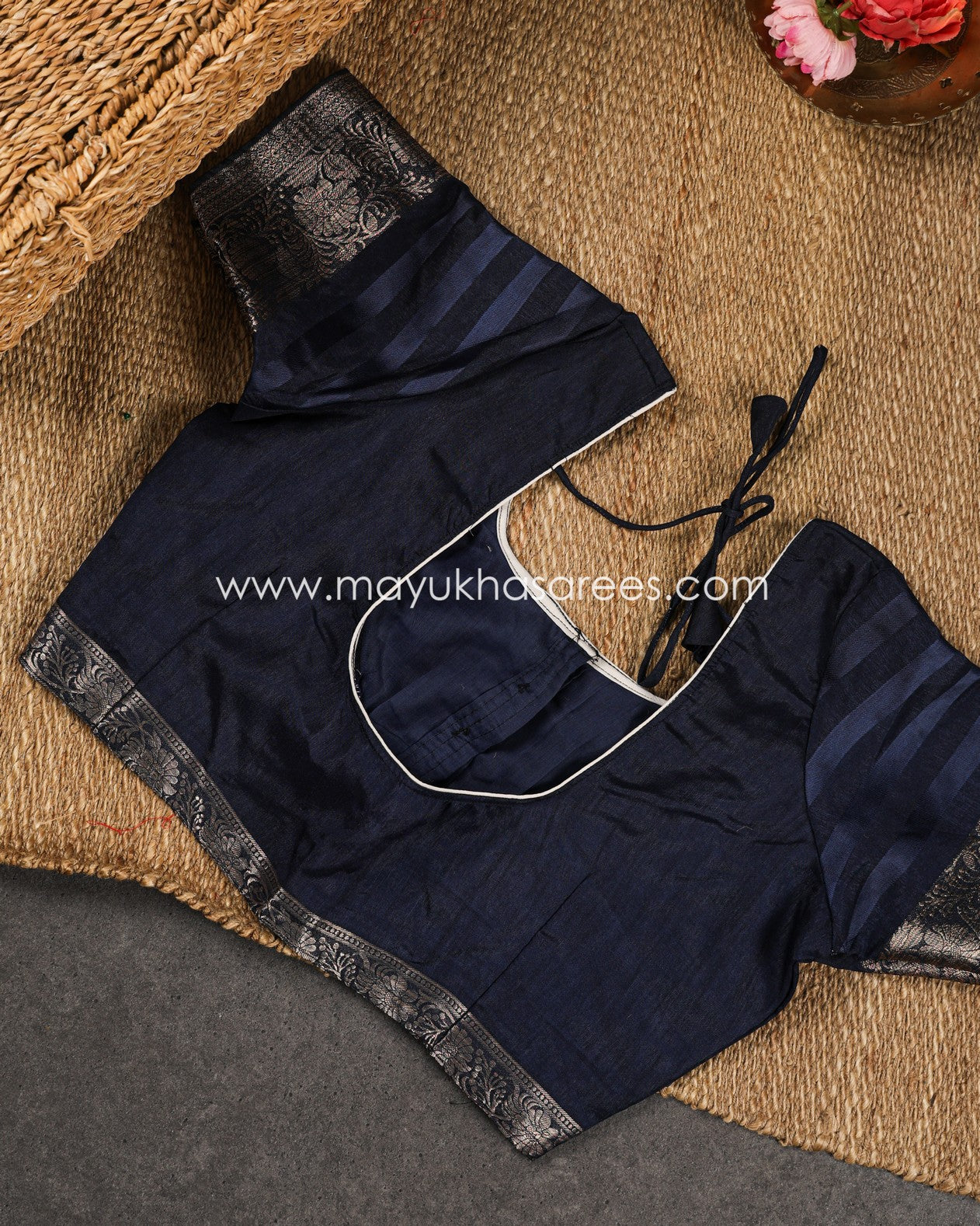 Paisley Prints on Navy Blue Munga Silk Saree with Kanchipuram Inspired gap borders and Stitched Blouse in Size 38 44