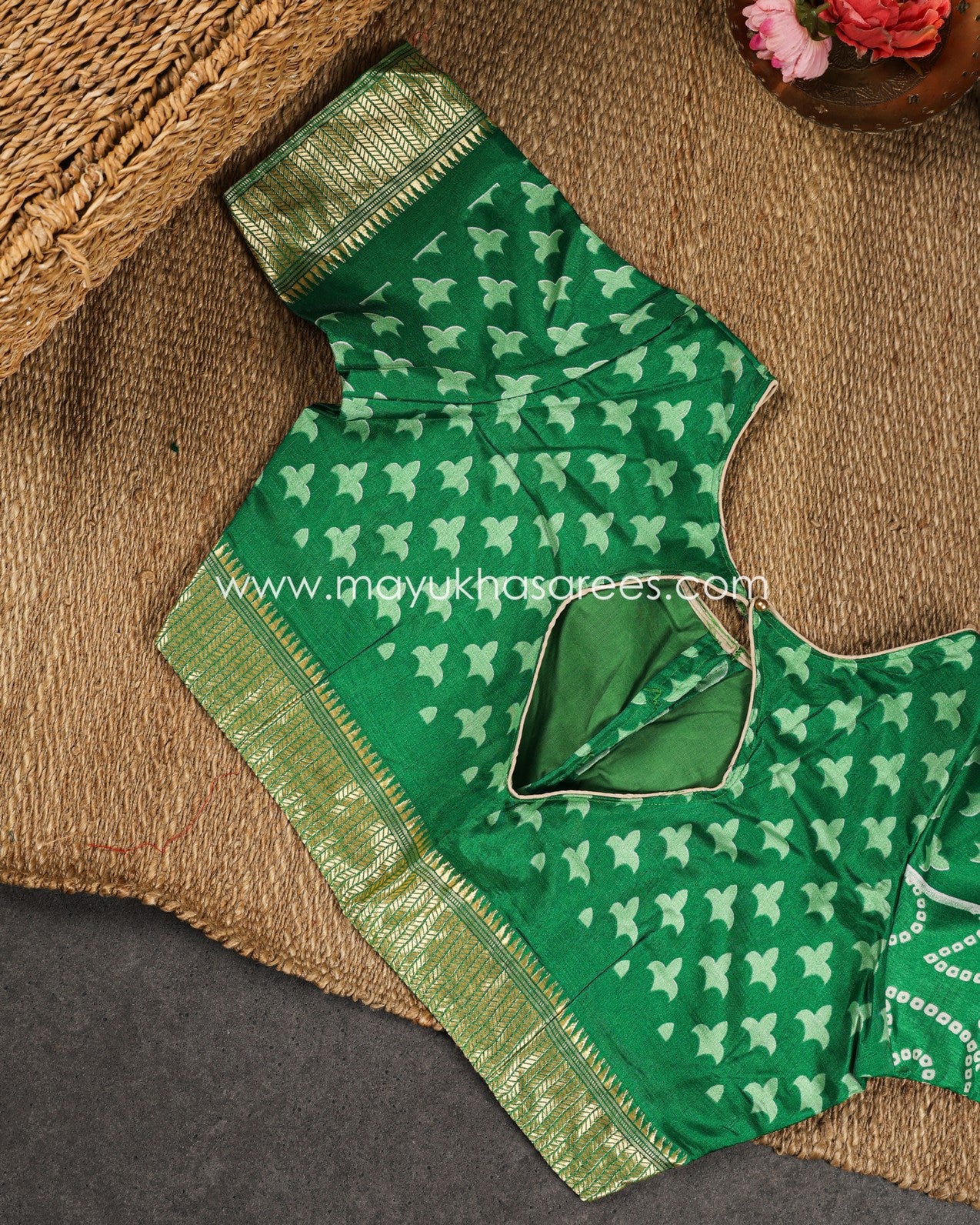 Green Munga Silk Saree with Bandini Prints with Banarasi Inspired borders and Stitched Blouse in Size 38 44