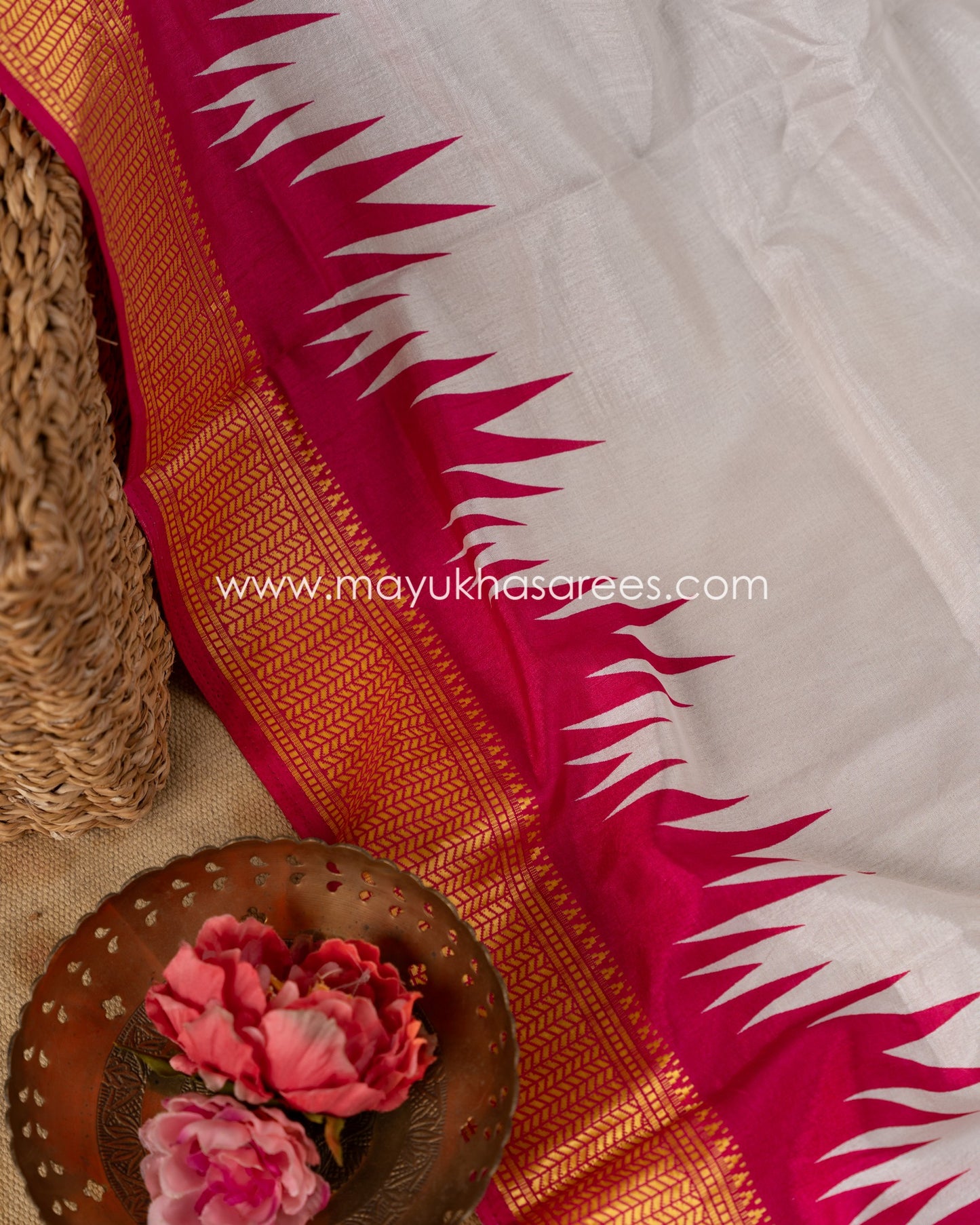 White & Pink Patola Prints on Munga Silk Saree with Temple Design Borders and Stitched Blouse in Size 38 44