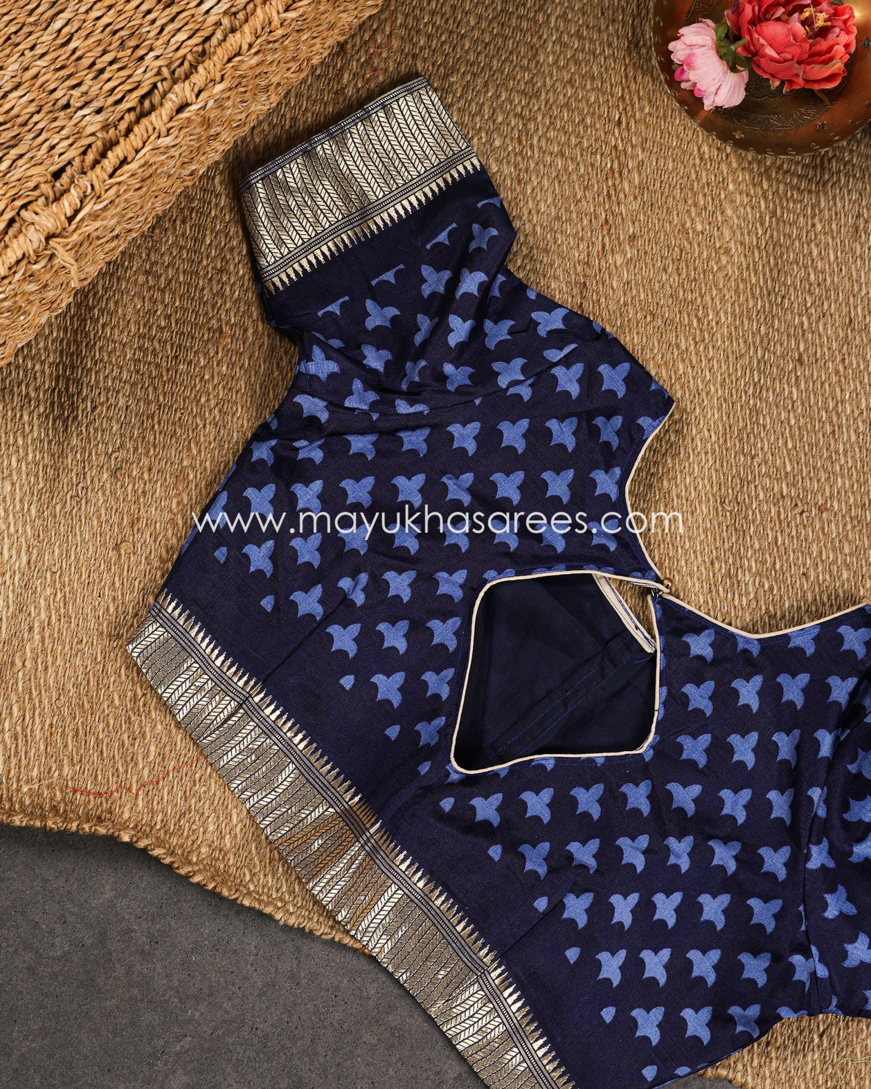 Navy Blue Munga Silk Saree with Bandini Prints with Banarasi Inspired borders and Stitched Blouse in Size 38 44