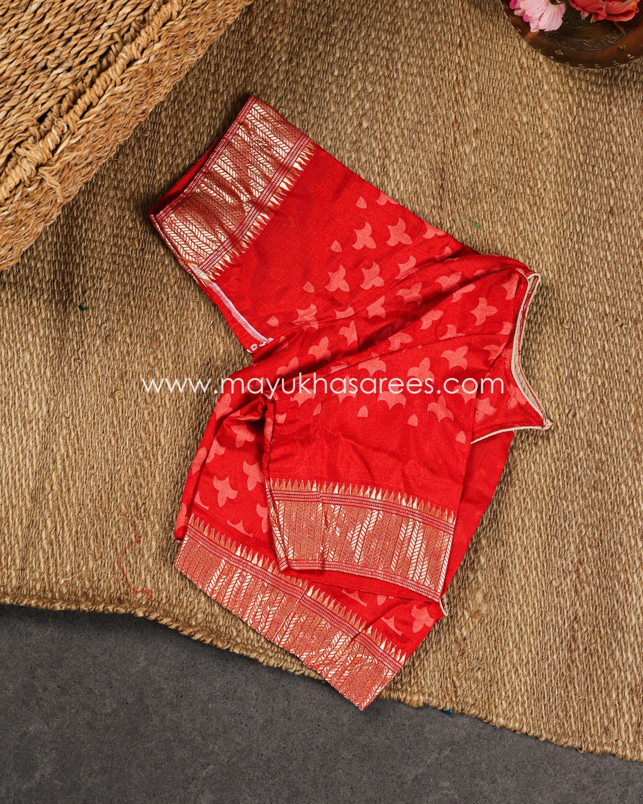 Red Munga Silk Saree with Bandini Prints with Banarasi Inspired borders and Stitched Blouse in Size 38 44